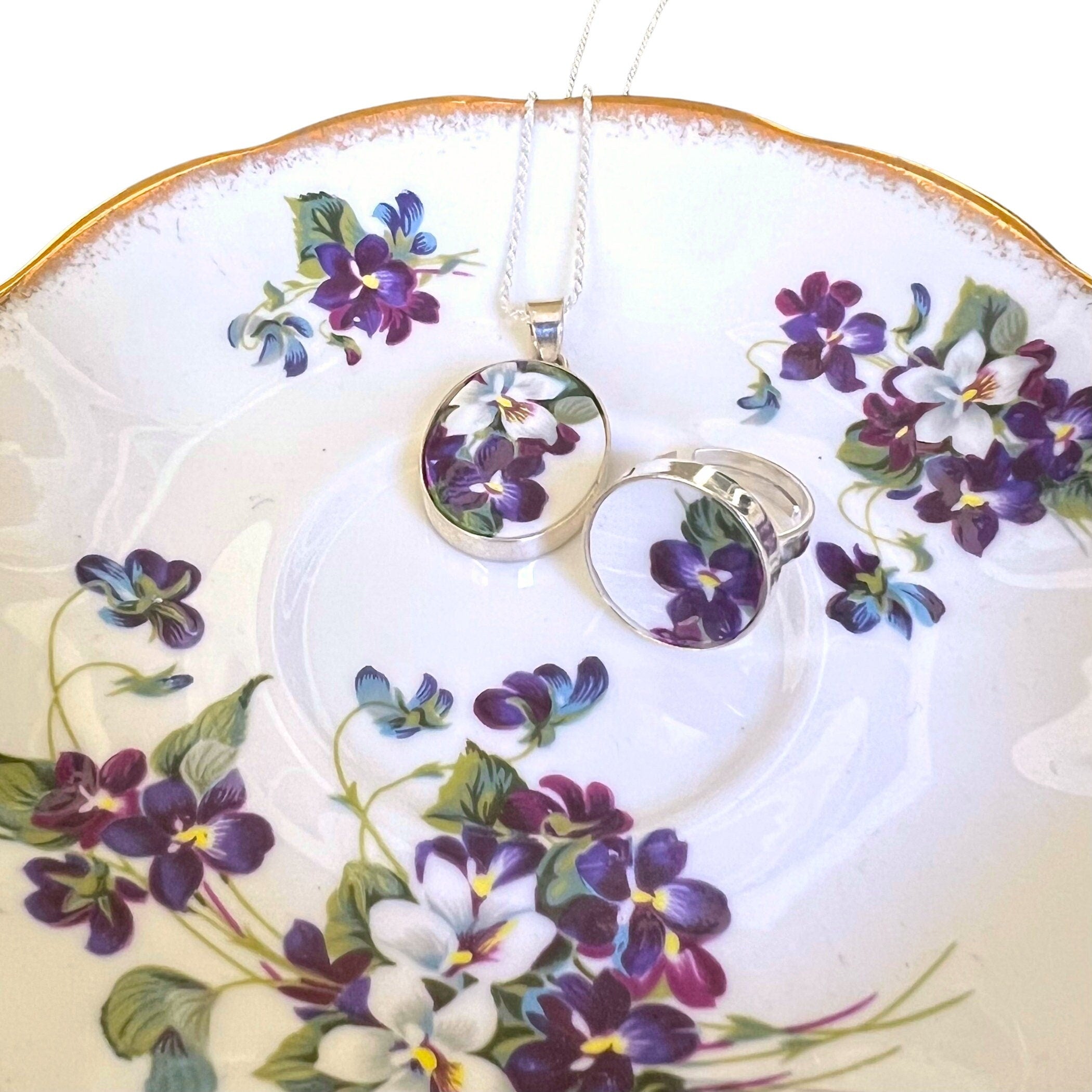 African Violet Flower Ring & China Necklace handmade with Upcycled Royal Albert China, Vintage Purple Floral Broken China Jewelry Gifts