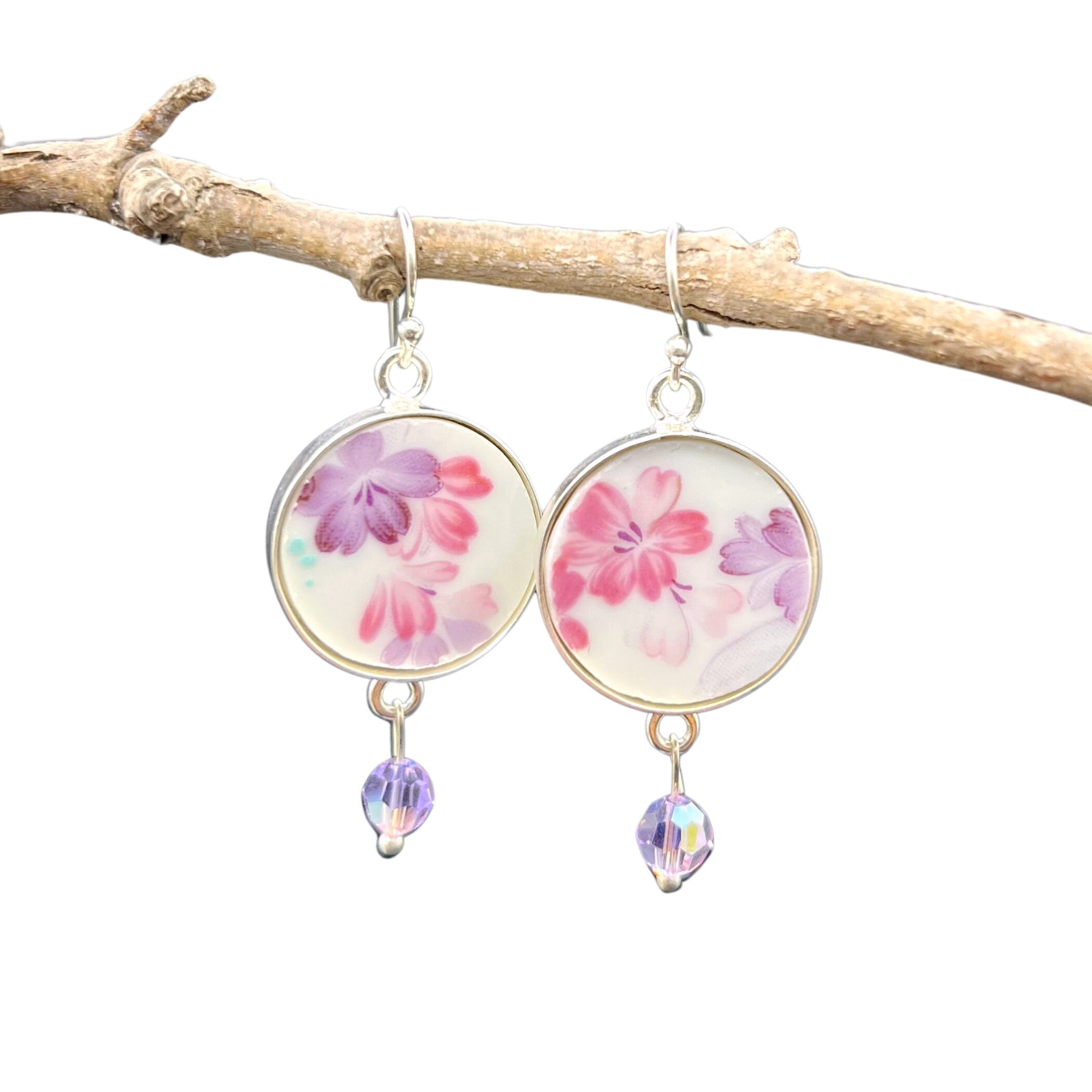 One of a Kind China Earrings handmade with Vintage Pink and Lavender Flower Upcycled Porcelain, Mismatched Broken China Jewelry Gift for Her