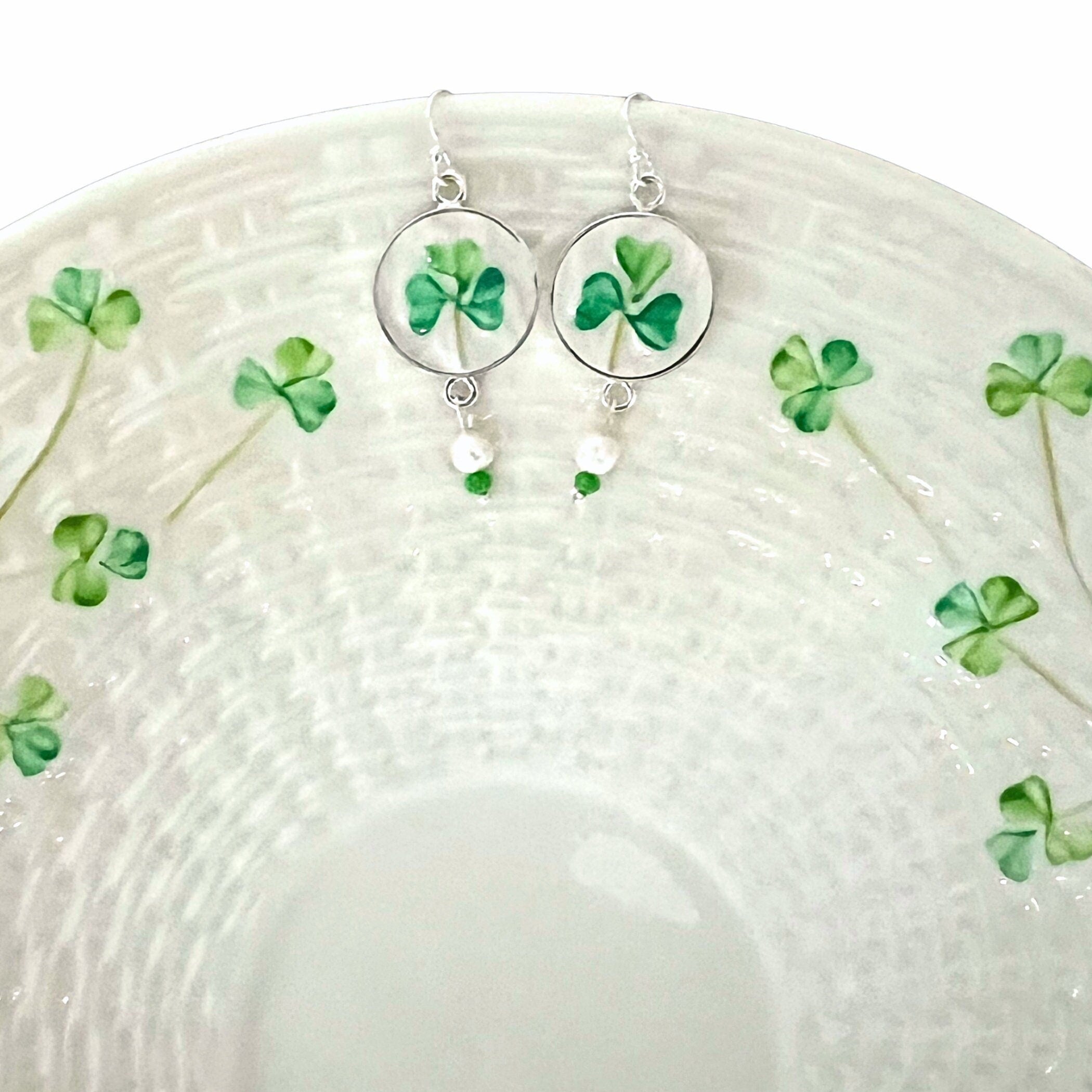 Irish Shamrock China Earrings handmade with Vintage Beleek China, Handpainted Broken China Jewelry Gift for Irish Good Luck Pride & Heritage