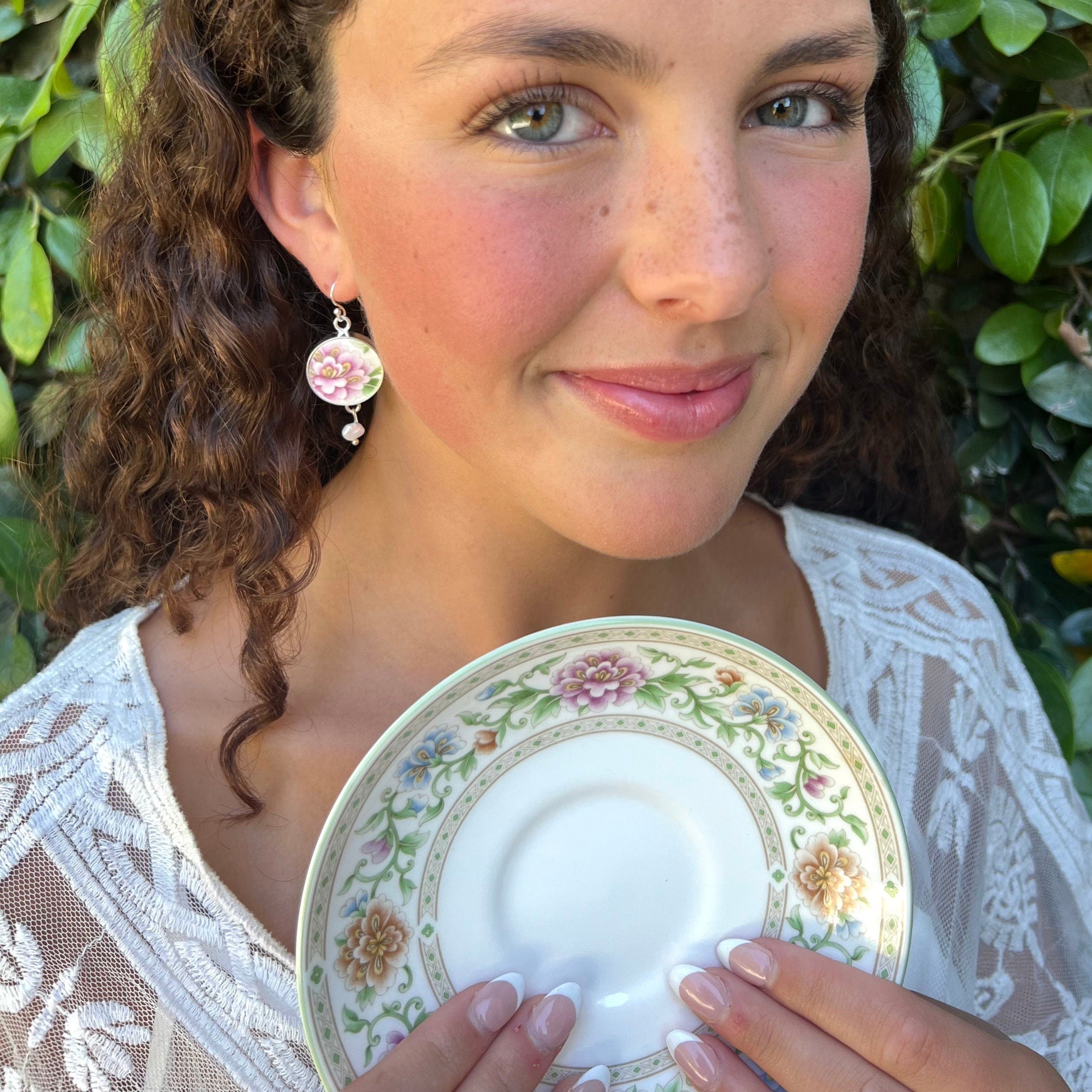 Romantic Summer China Earrings handmade with Upcycled Wedgwood China & Pearl Dangles, Delicate Pink Floral Broken China Jewelry Gift for Her