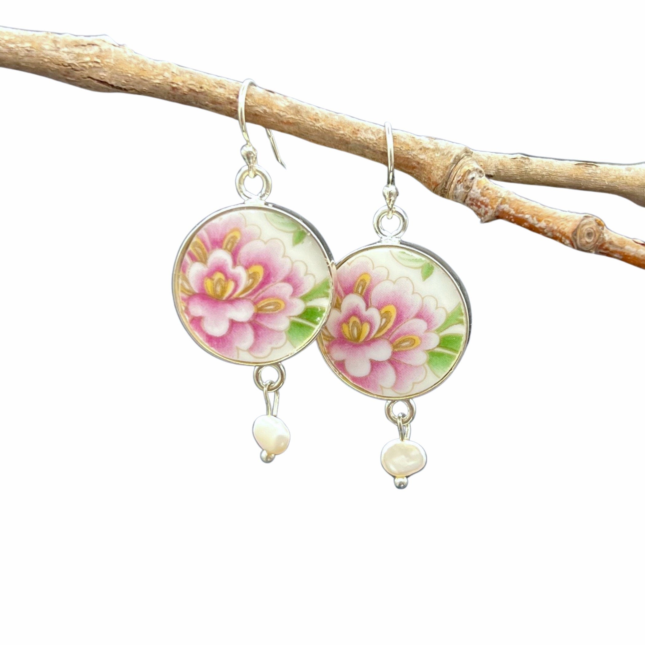 Romantic Summer China Earrings handmade with Upcycled Wedgwood China & Pearl Dangles, Delicate Pink Floral Broken China Jewelry Gift for Her