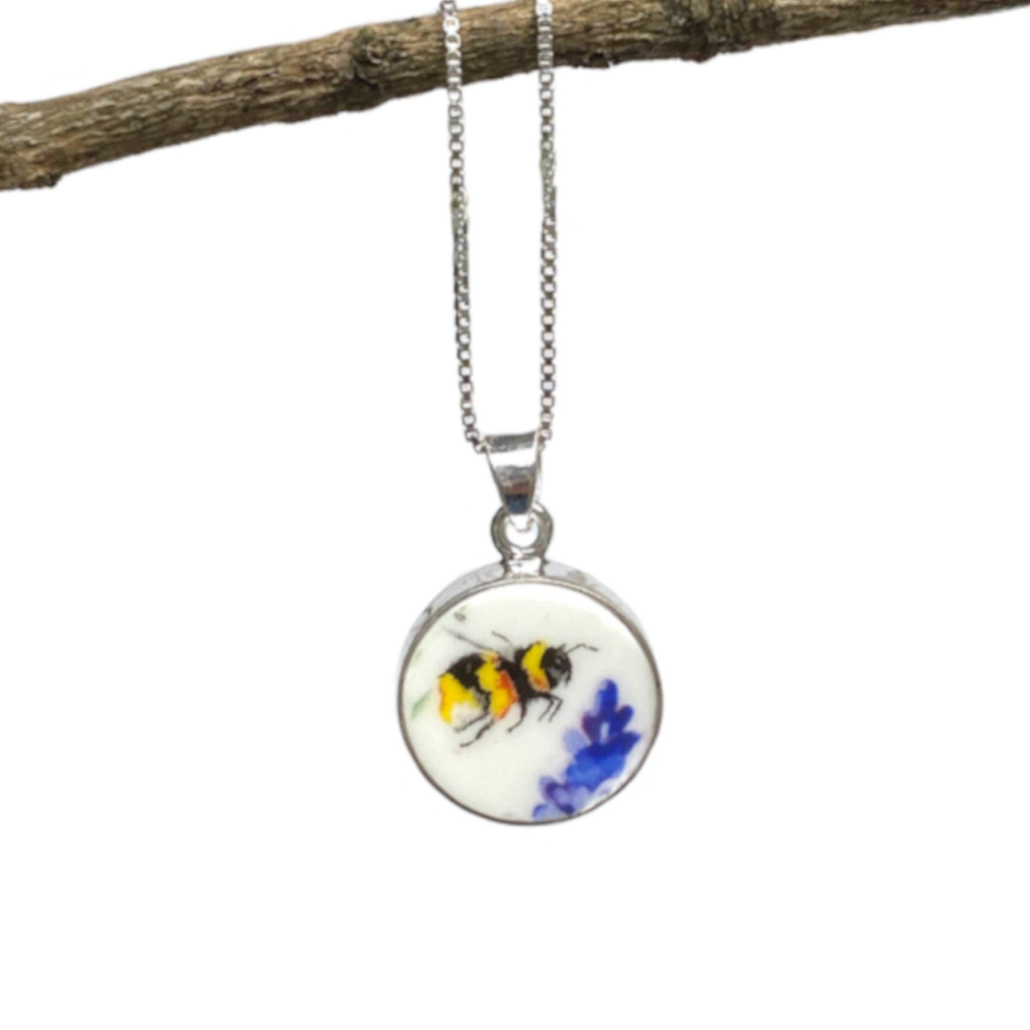 Dainty Honey Bee Broken China Jewelry Set handmade with Sterling Silver, Bumble Bee Necklace & China Earrings Gift for Her Summer Birthday