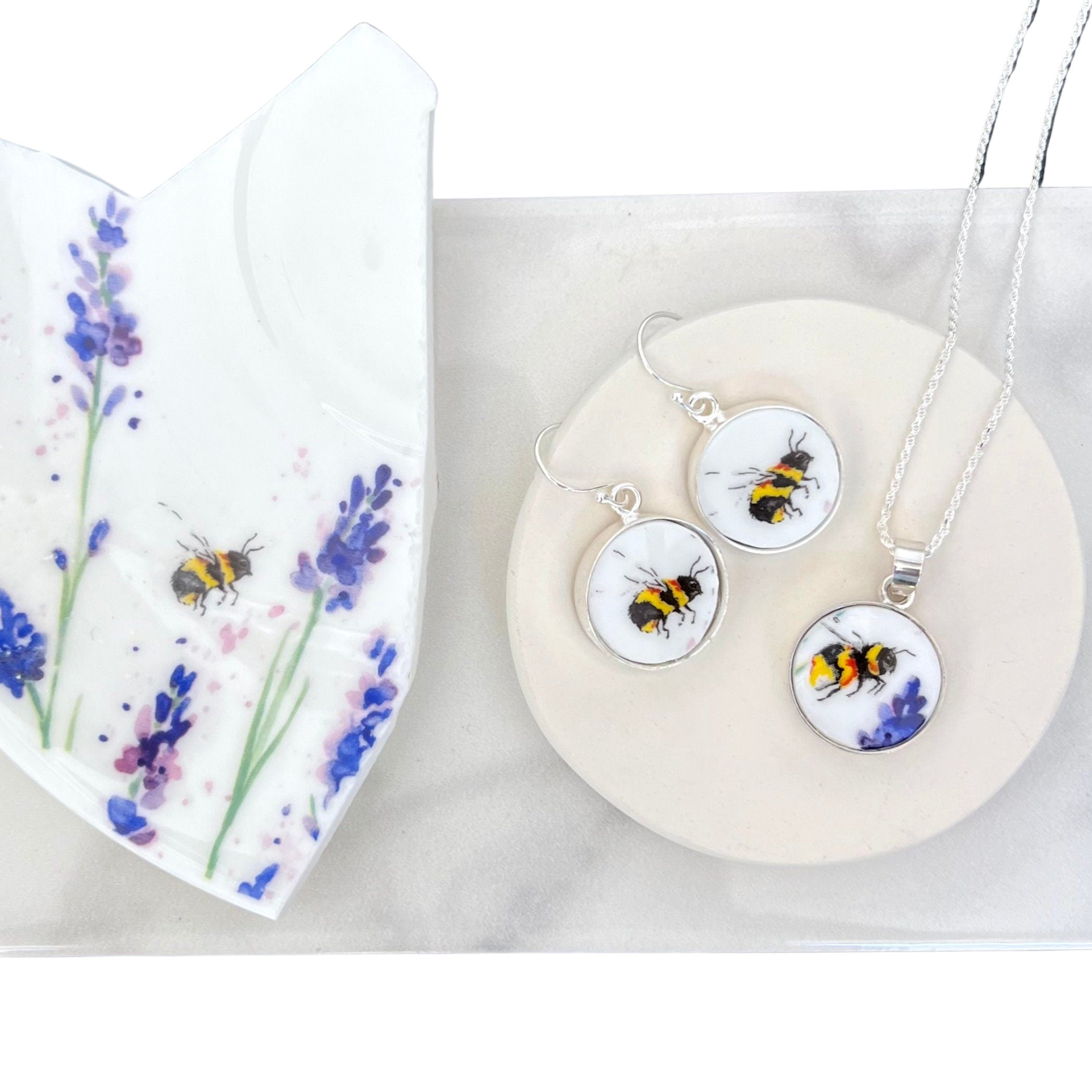 Dainty Honey Bee Broken China Jewelry Set handmade with Sterling Silver, Bumble Bee Necklace & China Earrings Gift for Her Summer Birthday