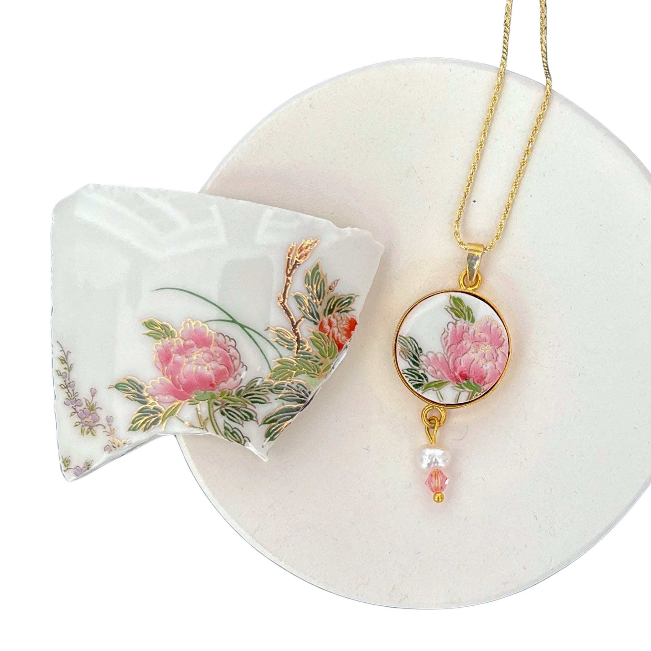 Vintage Peony Necklace handmade from an Upcycled Japanese Imari Porcelain Vase, Asian Inspired China Jewelry Gift for Her Autumn Birthday