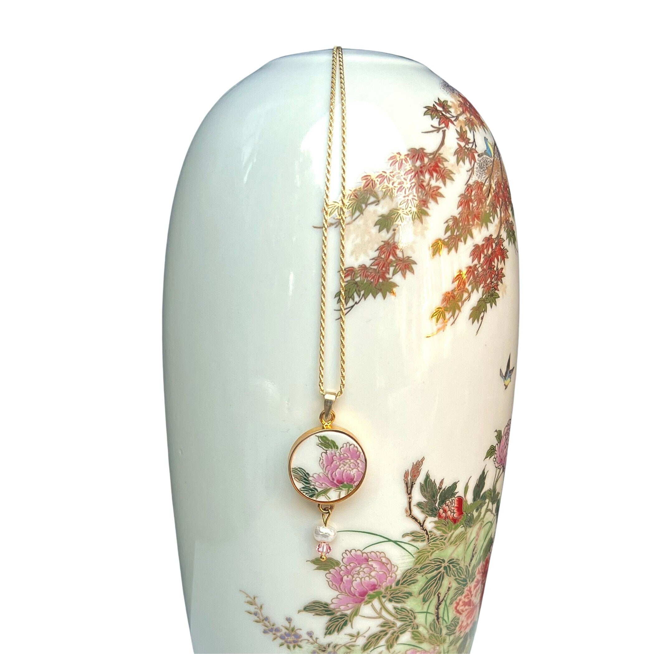 Vintage Peony Necklace handmade from an Upcycled Japanese Imari Porcelain Vase, Asian Inspired China Jewelry Gift for Her Autumn Birthday