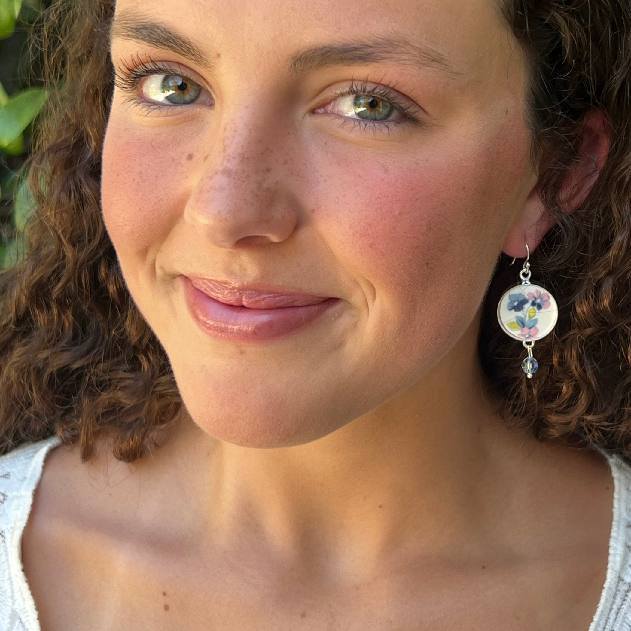 Charming Mismatched Blue and Pink Floral China Earrings handmade with Repurposed China, Dainty Blue Flower Broken China Jewelry Gift for Her