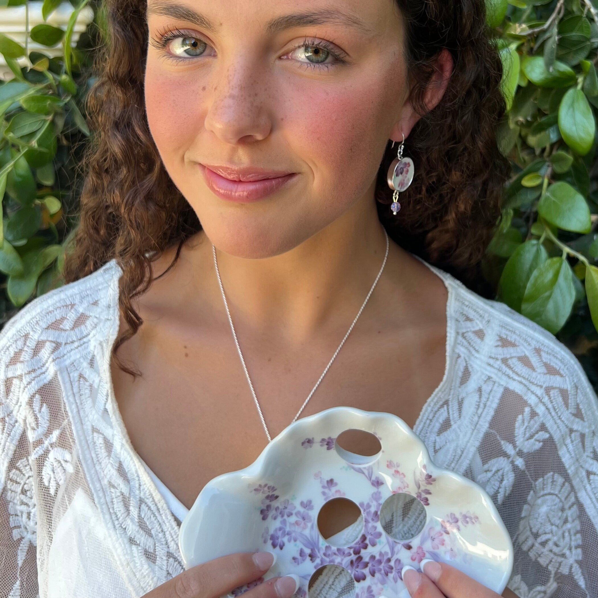 One of a Kind China Earrings handmade with Vintage Pink and Lavender Flower Upcycled Porcelain, Mismatched Broken China Jewelry Gift for Her