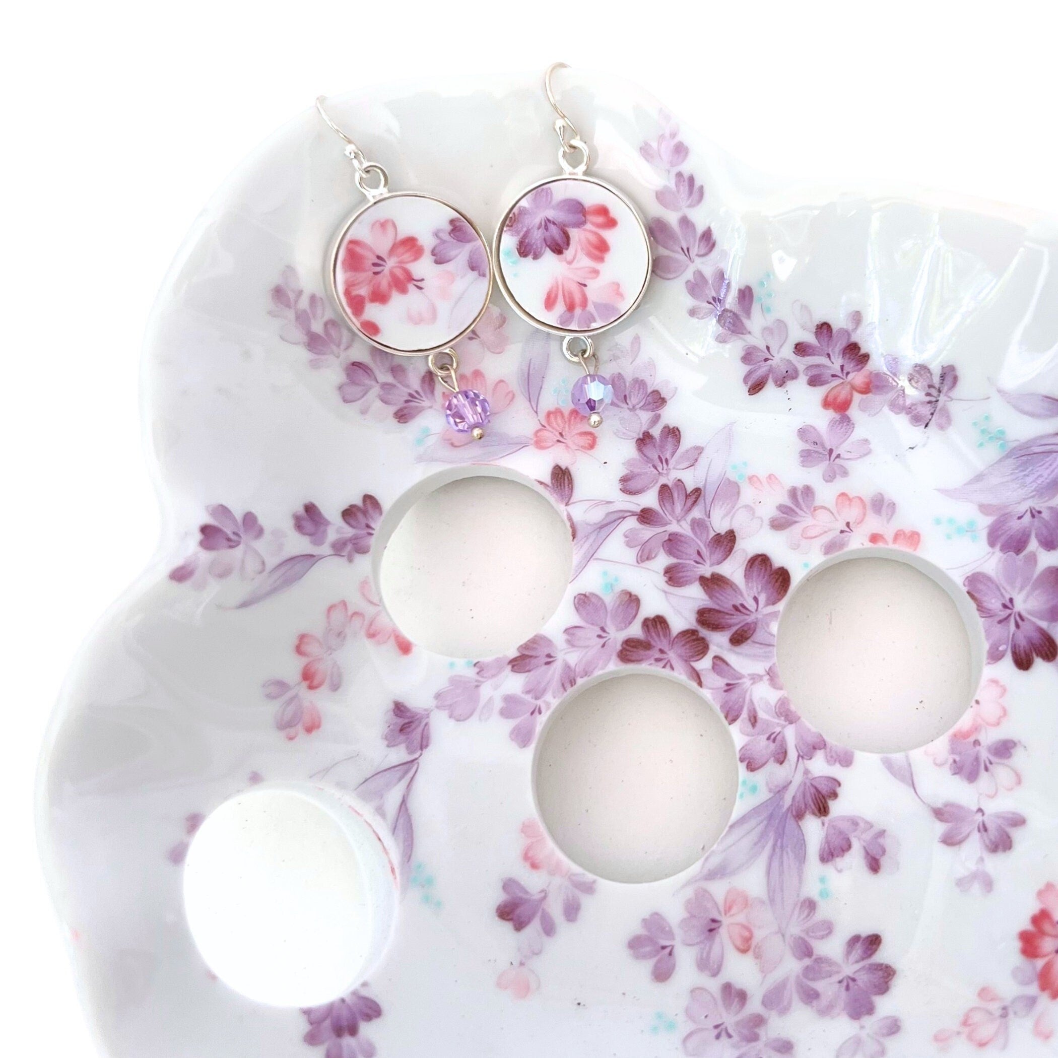 One of a Kind China Earrings handmade with Vintage Pink and Lavender Flower Upcycled Porcelain, Mismatched Broken China Jewelry Gift for Her