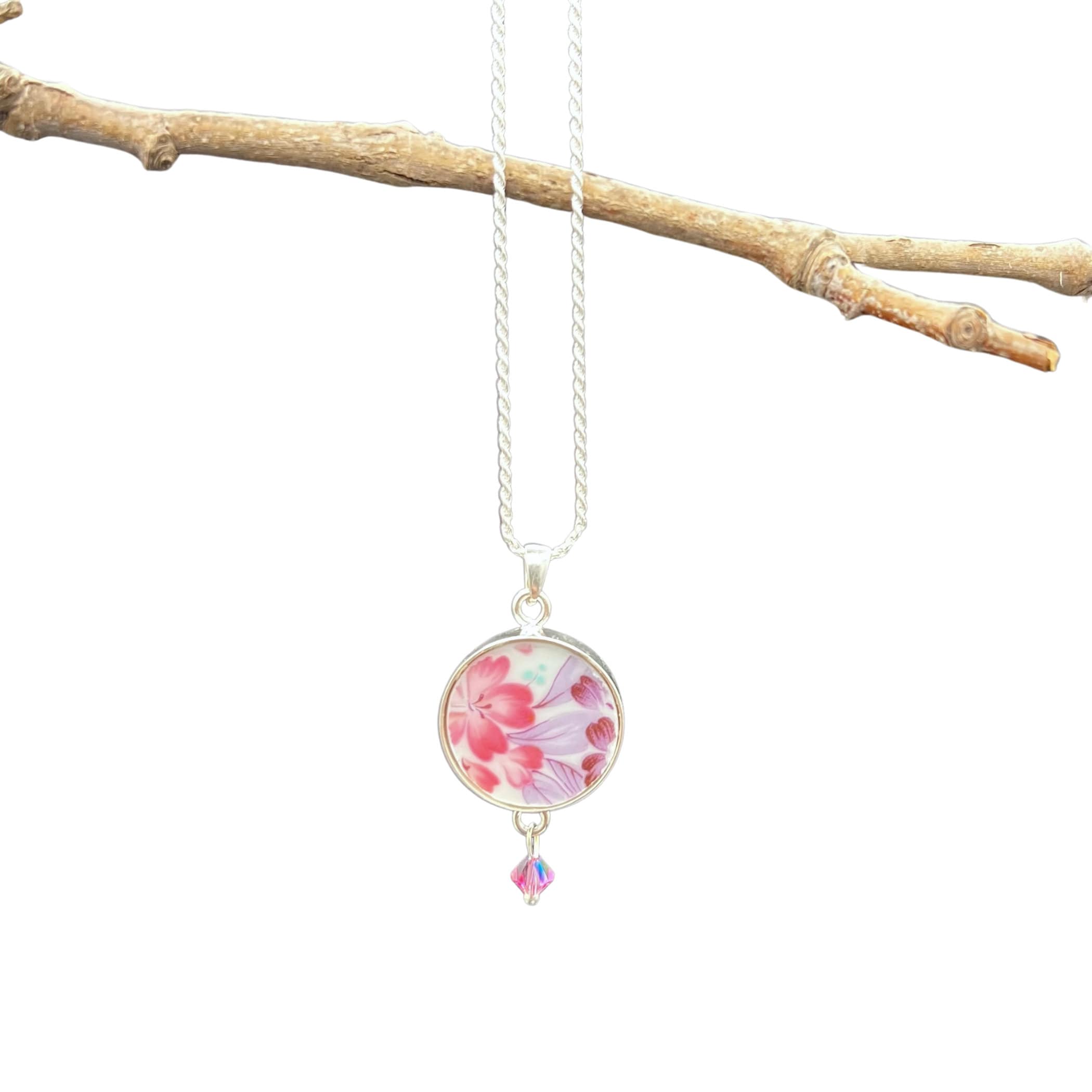 Dainty China Necklace handmade with Vintage Pink & Lavender Flower Upcycled Porcelain, Unique Broken China Jewelry Gift for Her Birthday