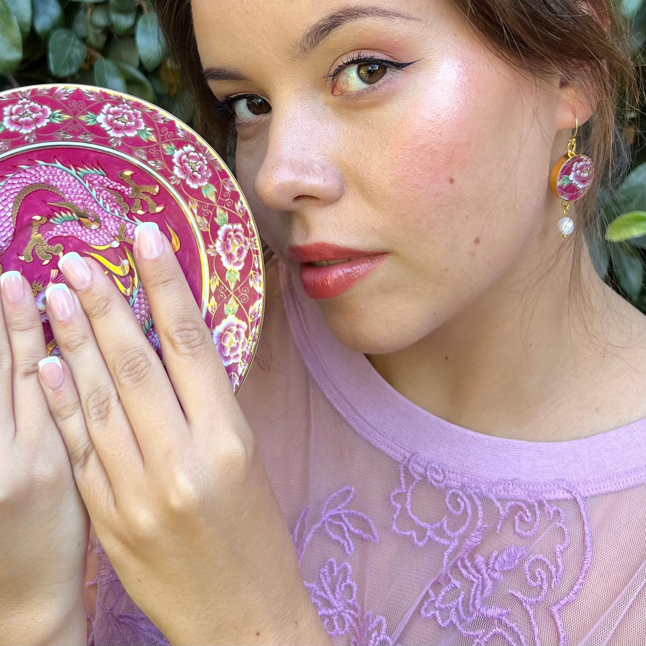 Intricate Peony China Earrings handmade with Arita Imari Porcelain, Artisan Indie Jewelry Gift for Her 12th Anniversary or Autumn Birthday