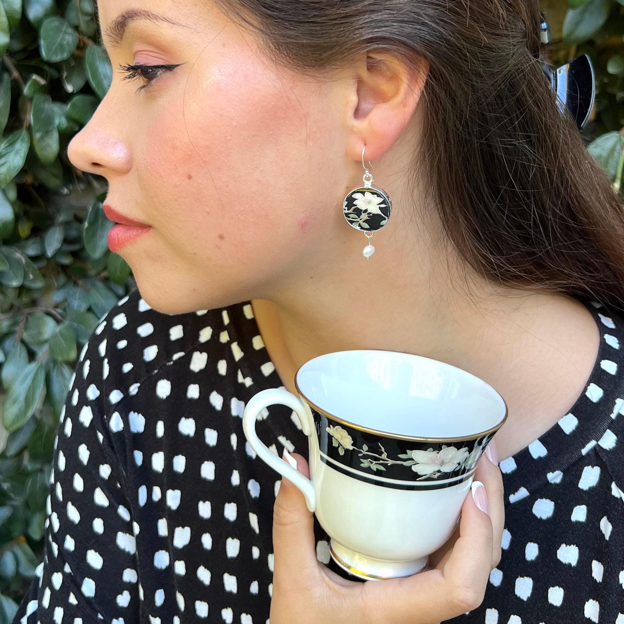 Vintage Black and White Floral China Earrings handmade with Repurposed Royal Doulton China & Pearl Dangle, Broken China Jewelry Gift for Her