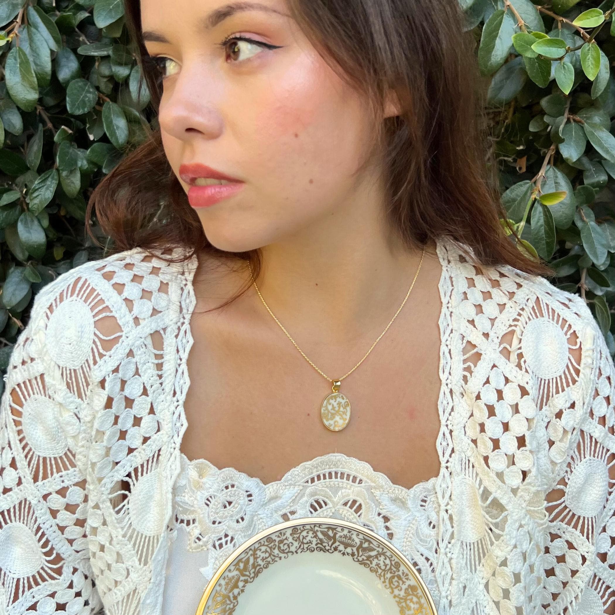 Vintage Lenox China Jewelry handmade with Gold Sterling Silver, Ornate Gold Floral Aesthetic Heirloom China Necklace, 20th Anniversary Gift