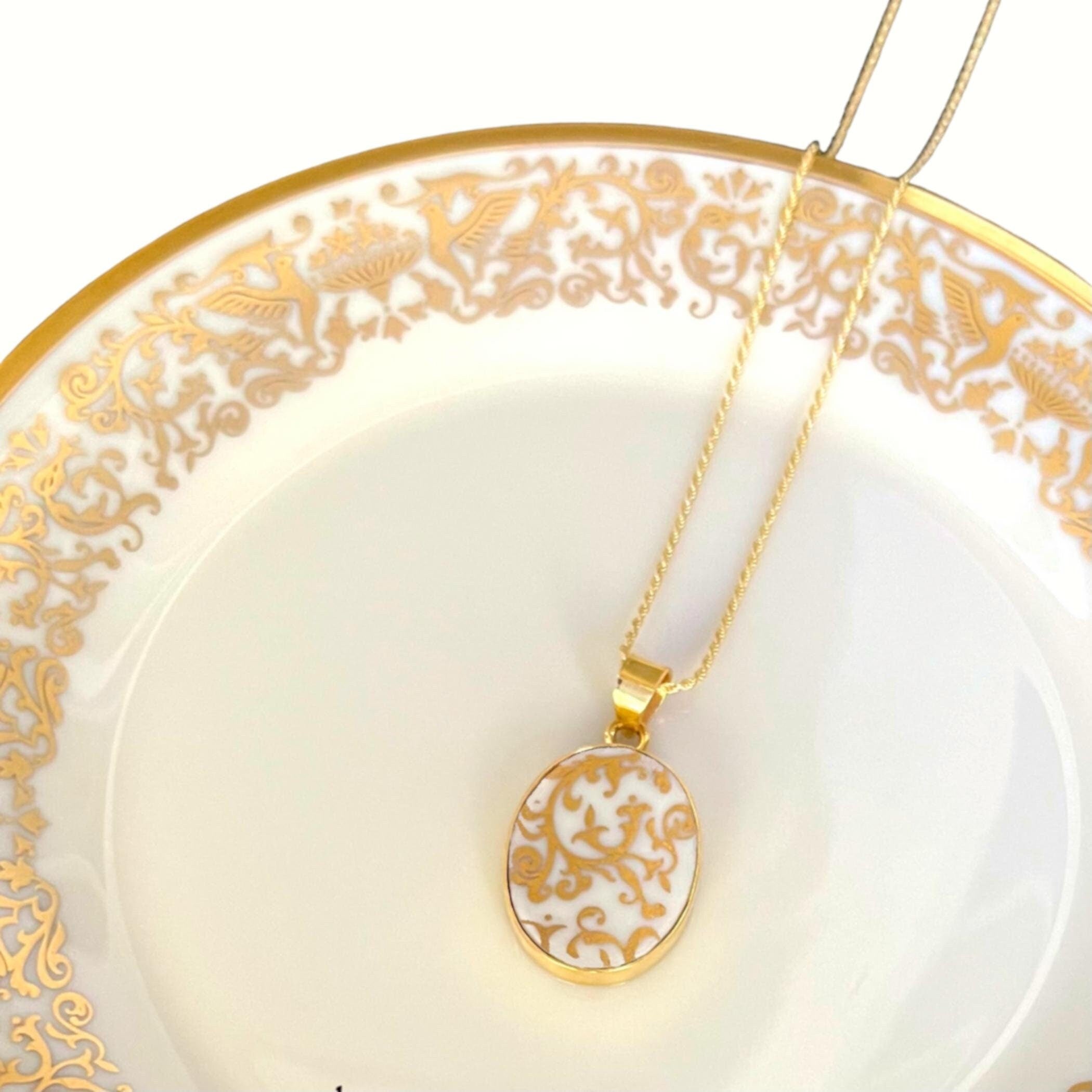 Vintage Lenox China Jewelry handmade with Gold Sterling Silver, Ornate Gold Floral Aesthetic Heirloom China Necklace, 20th Anniversary Gift