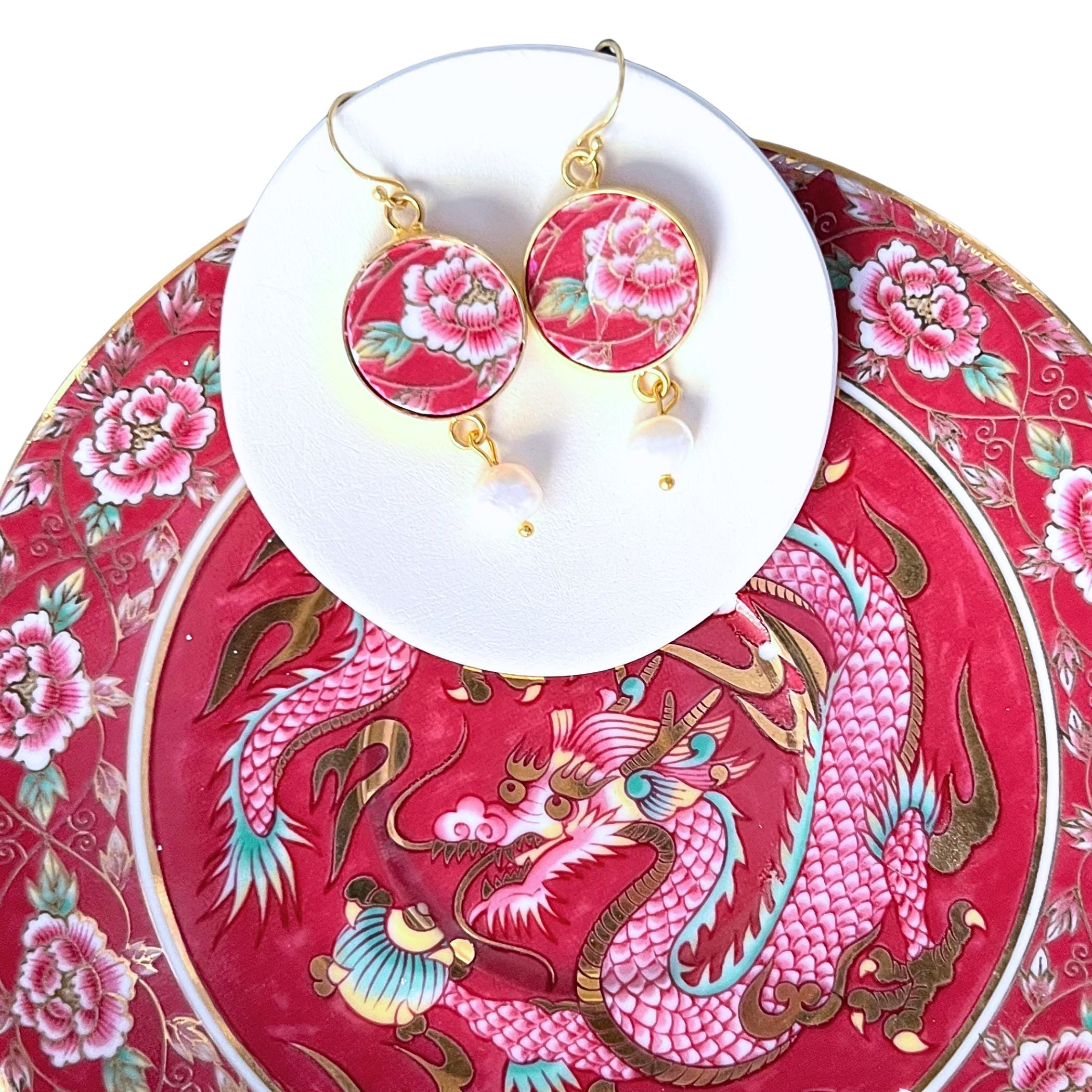 Intricate Peony China Earrings handmade with Arita Imari Porcelain, Artisan Indie Jewelry Gift for Her 12th Anniversary or Autumn Birthday