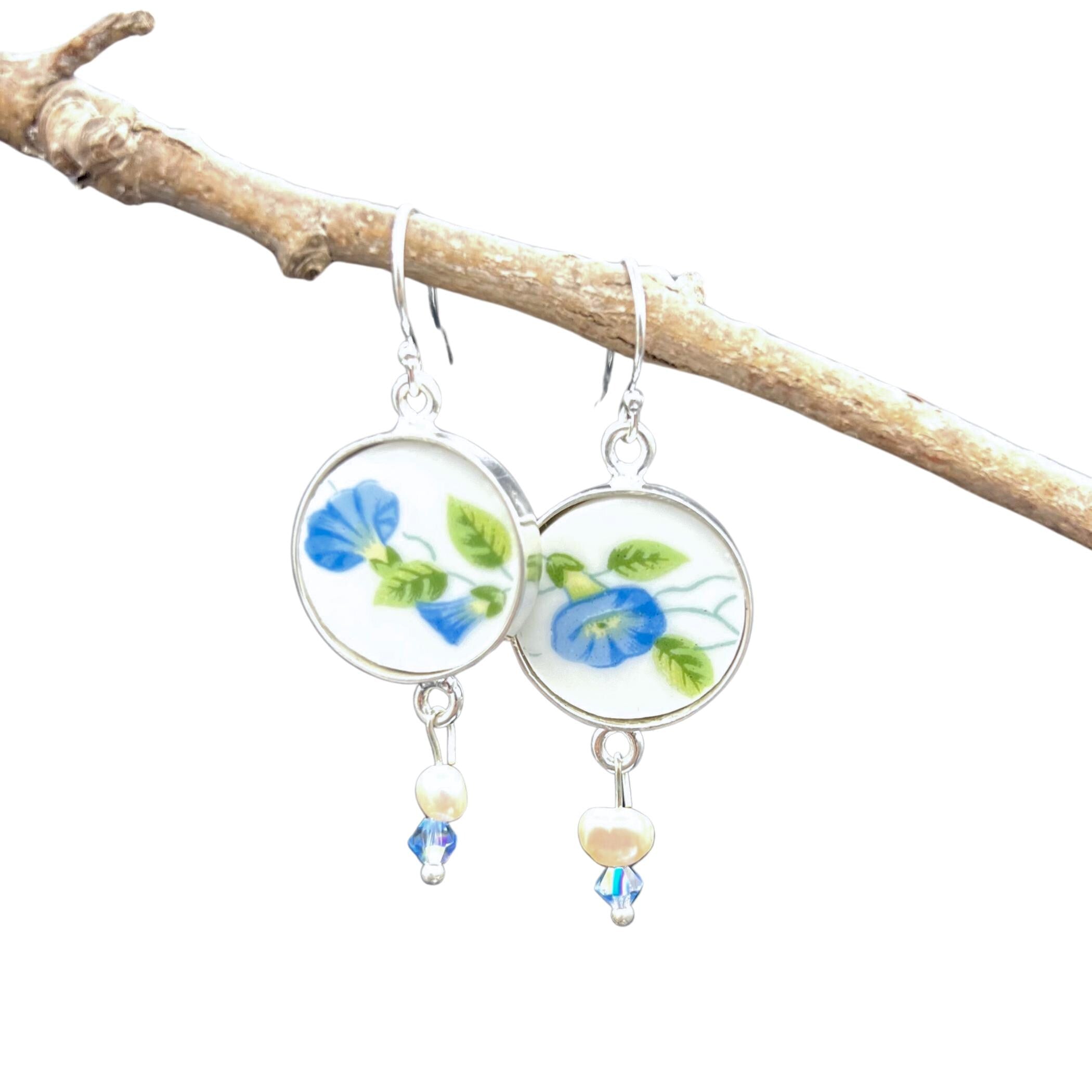 Blue Morning Glory China Earrings handmade with Repurposed China, Broken China Jewelry Gift for Her 11th Anniversary or September Birthday