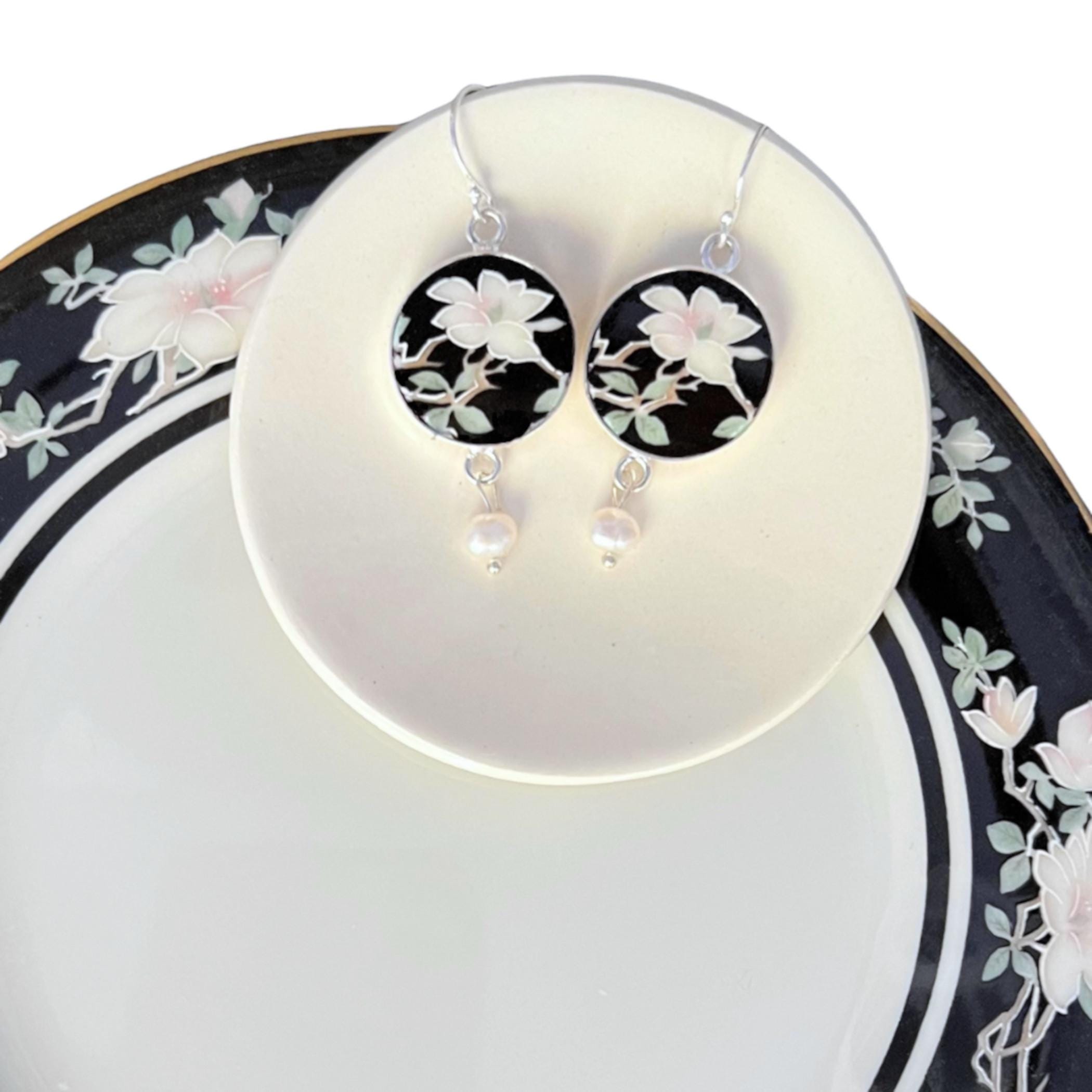 Vintage Black and White Floral China Earrings handmade with Repurposed Royal Doulton China & Pearl Dangle, Broken China Jewelry Gift for Her