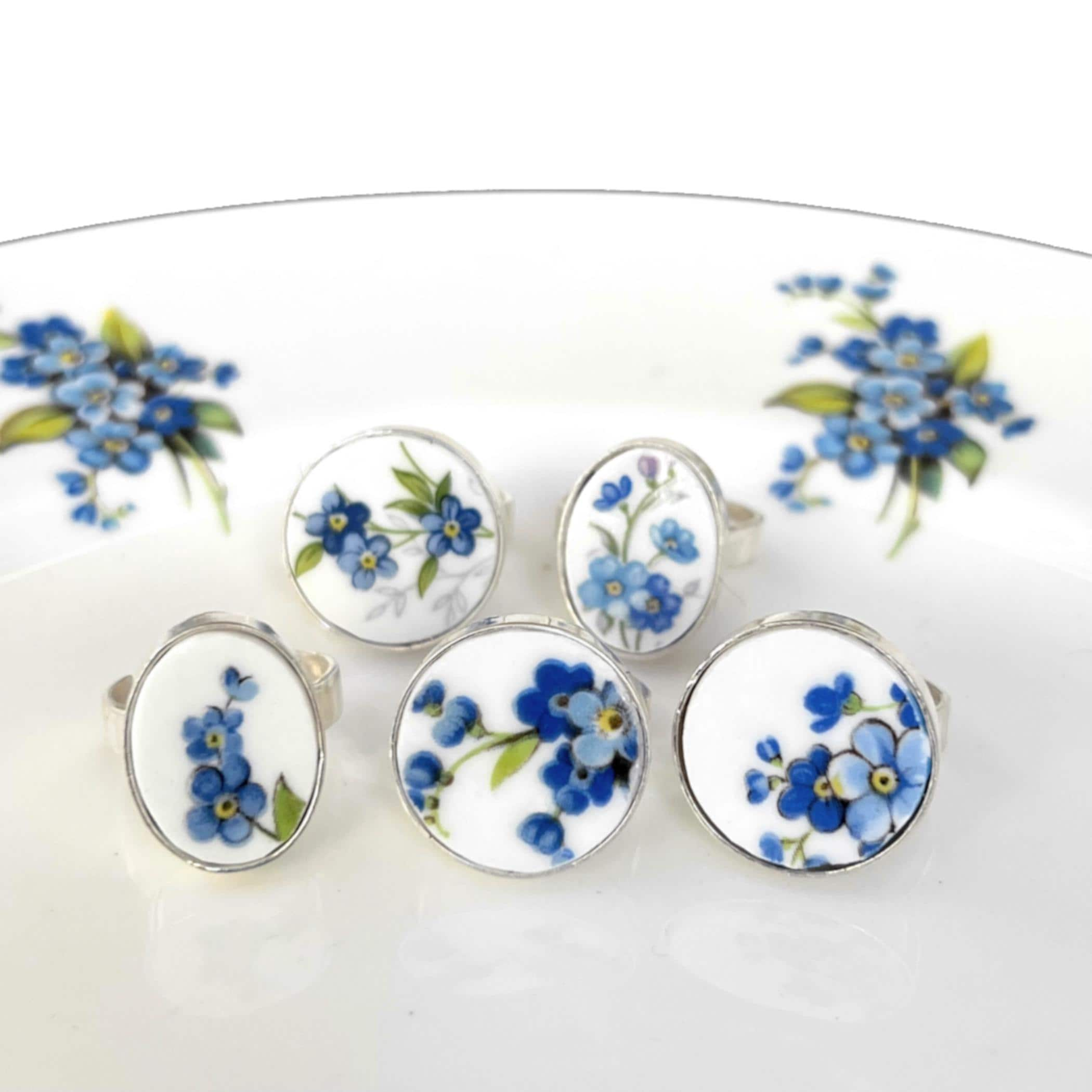 Forget Me Not Mourning Rings handcrafted with Upcycled Vintage China, Sympathy Memorial Jewelry, Remembrance Ring Condolence Gifts for Women