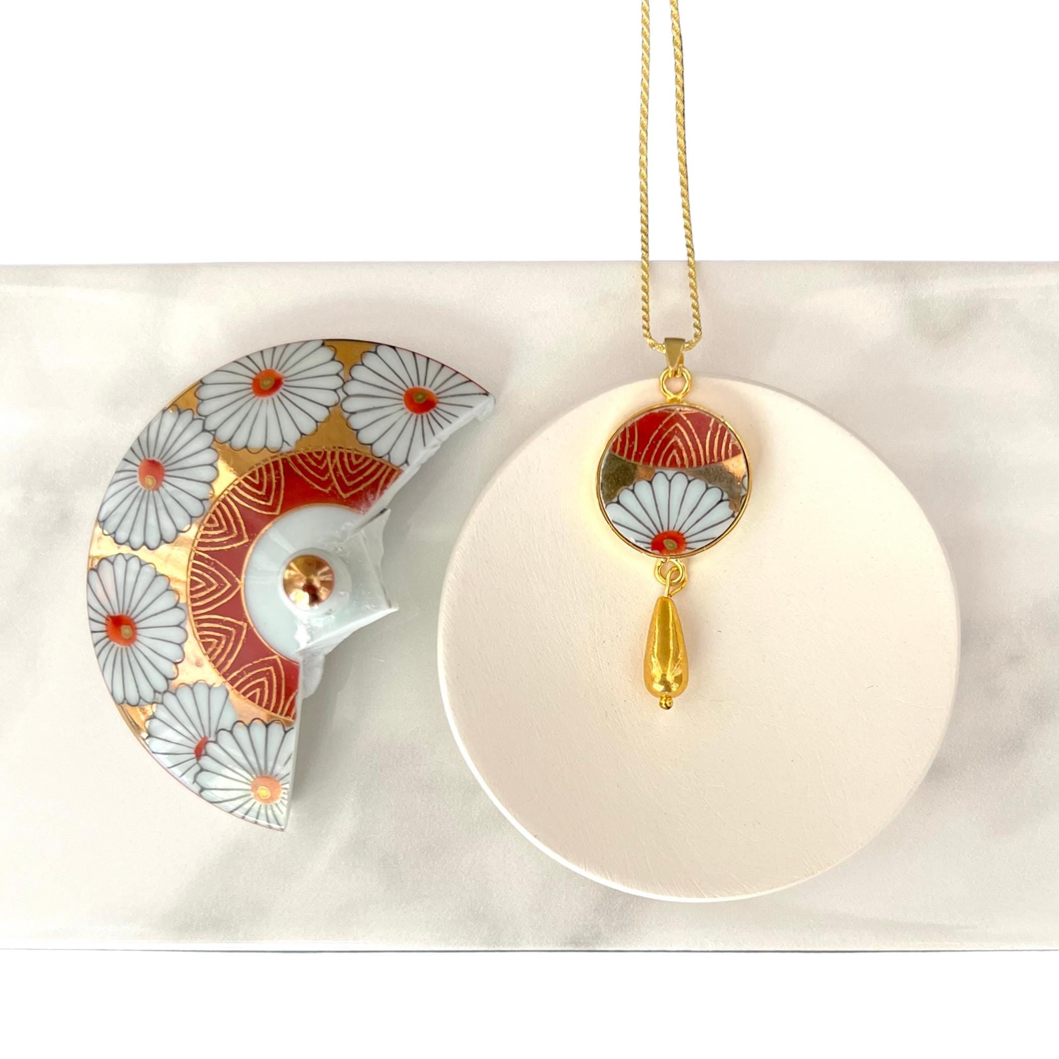 Long Artisan Imari Porcelain Necklace handcrafted from a Japanese Arita Yaki Yunomi, Gold Fall Floral China Jewelry Gift for Autumn Birthday