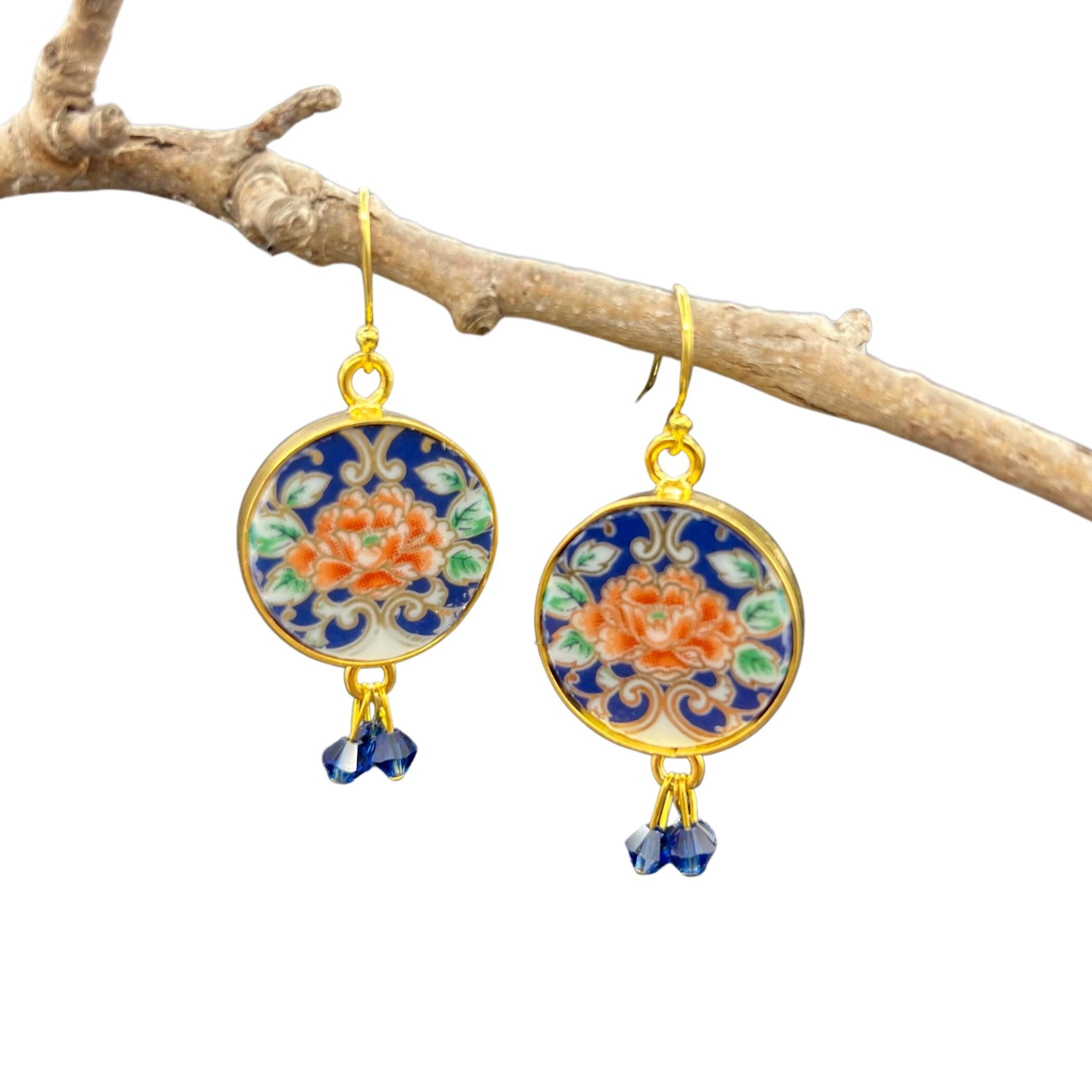 Japanese Indigo & Gold Imari Porcelain Earrings with Repurposed China, Eclectic Floral China Jewelry Gift for Her with Asian Inspired Style