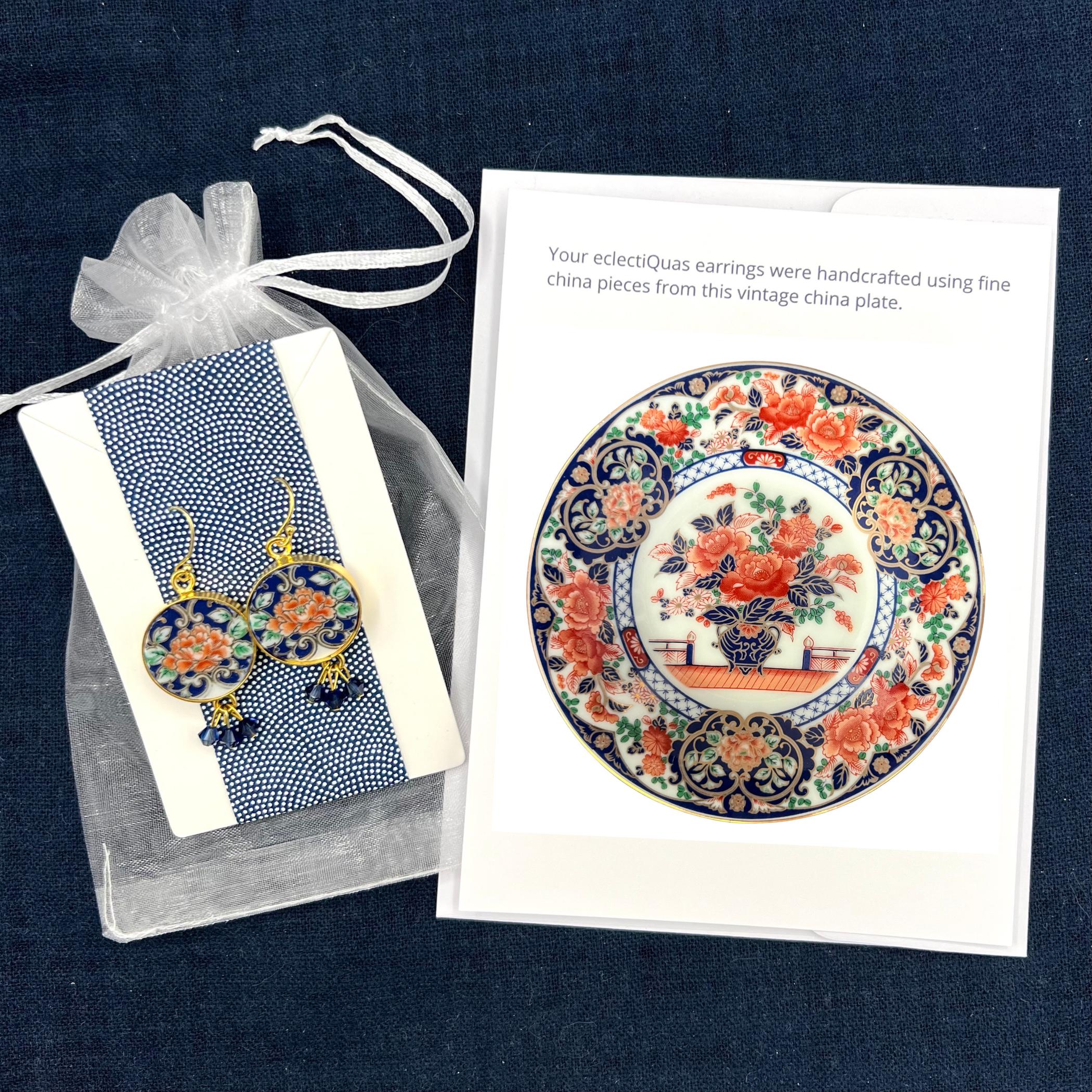 Japanese Indigo & Gold Imari Porcelain Earrings with Repurposed China, Eclectic Floral China Jewelry Gift for Her with Asian Inspired Style