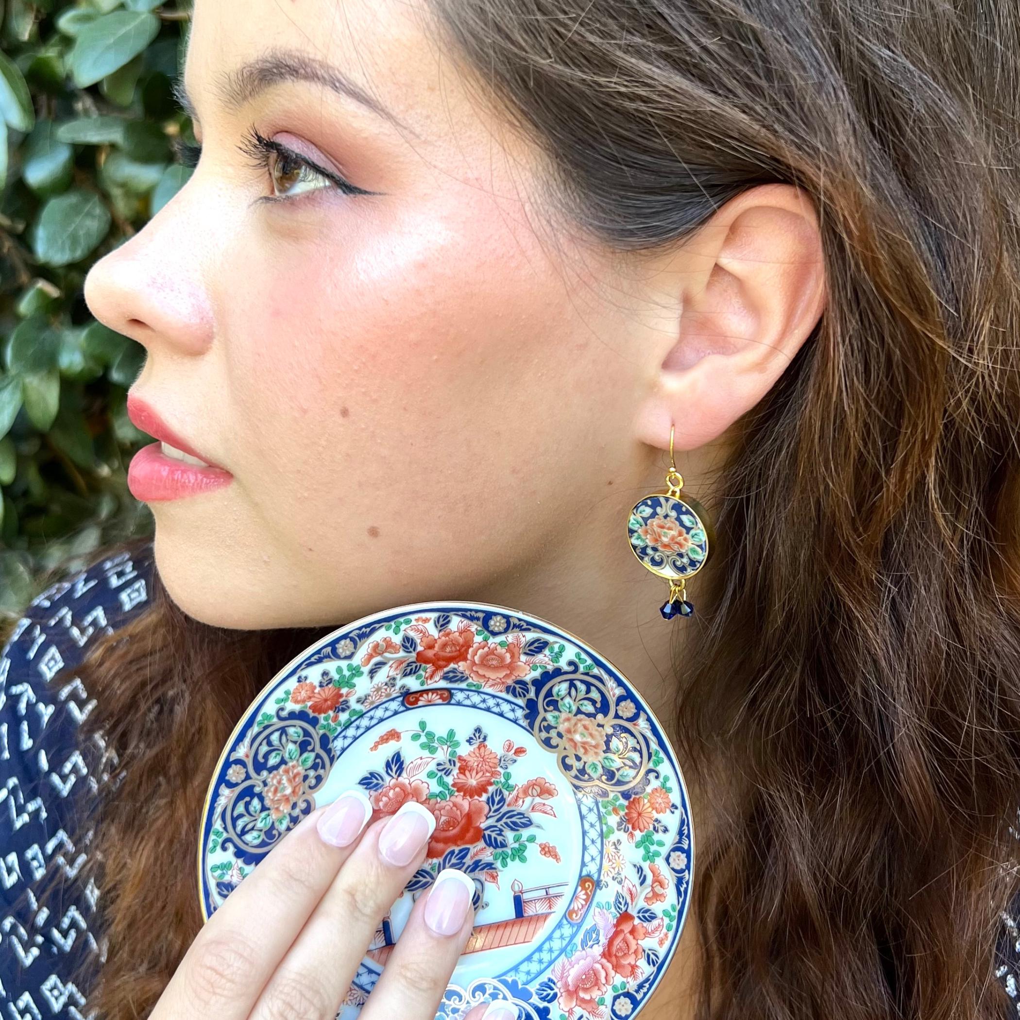 Japanese Indigo & Gold Imari Porcelain Earrings with Repurposed China, Eclectic Floral China Jewelry Gift for Her with Asian Inspired Style