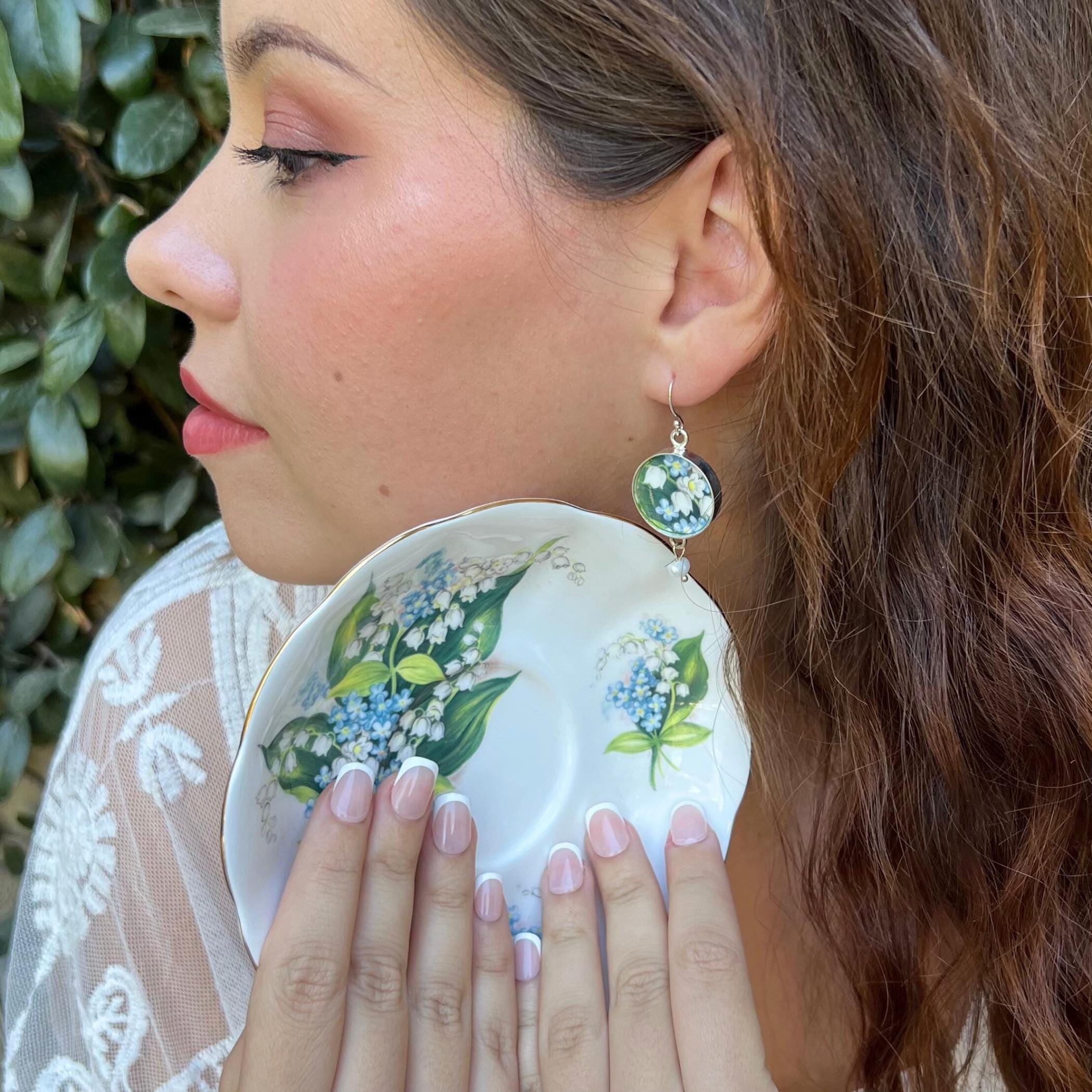 Royal Albert Broken China Jewelry Earrings handmade with Forget Me Not and Lily of the Valley China