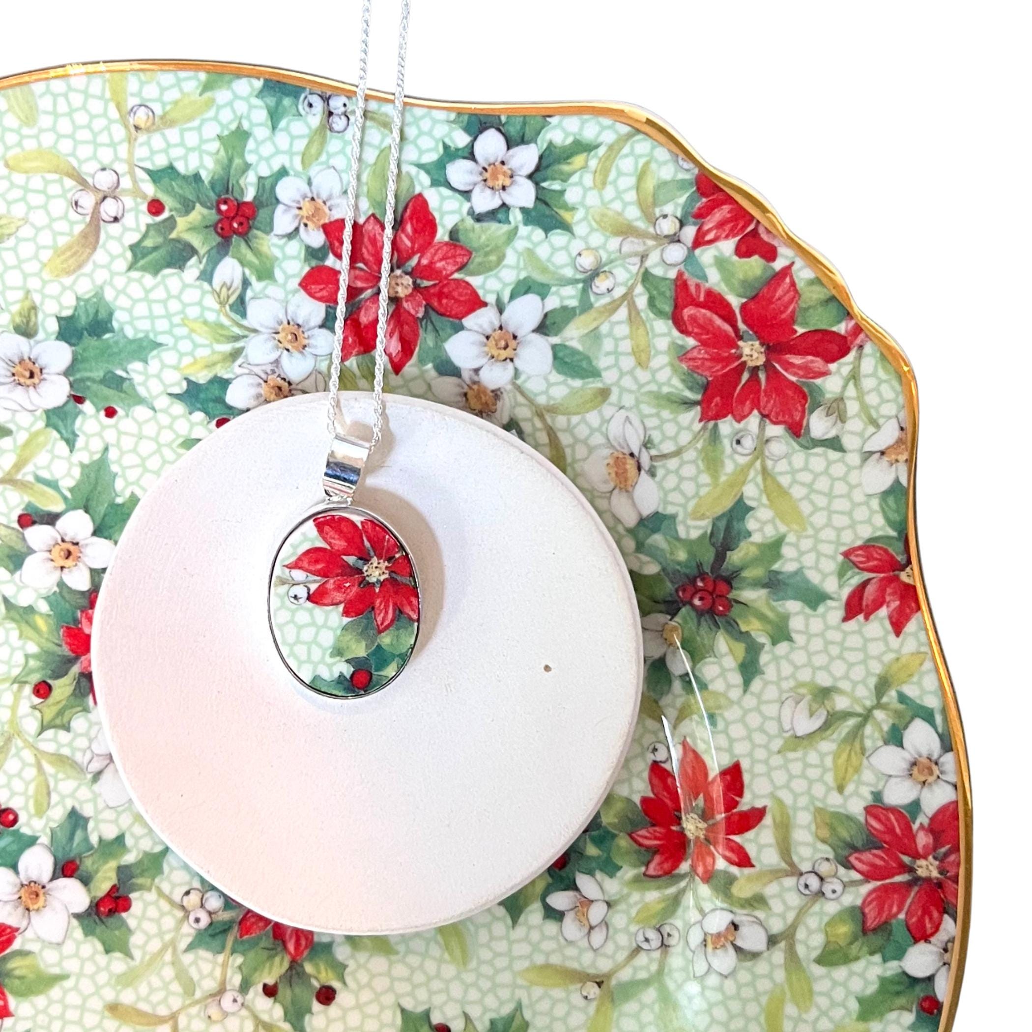 Red poinsettia broken china necklace vintage Royal Winton chintz sterling silver handmade Christmas holiday jewelry gift