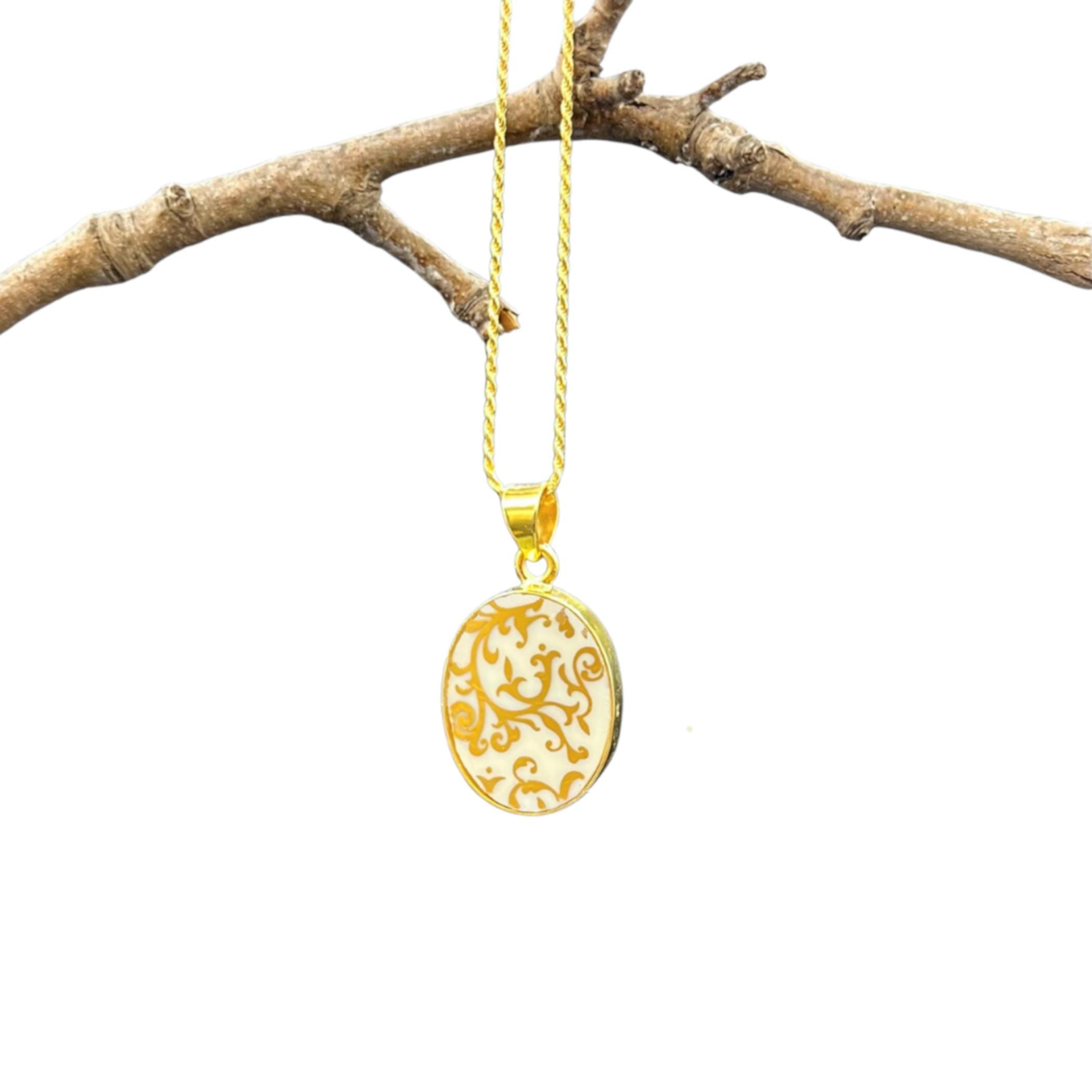 Vintage Lenox China Jewelry handmade with Gold Sterling Silver, Ornate Gold Floral Aesthetic Heirloom China Necklace, 20th Anniversary Gift