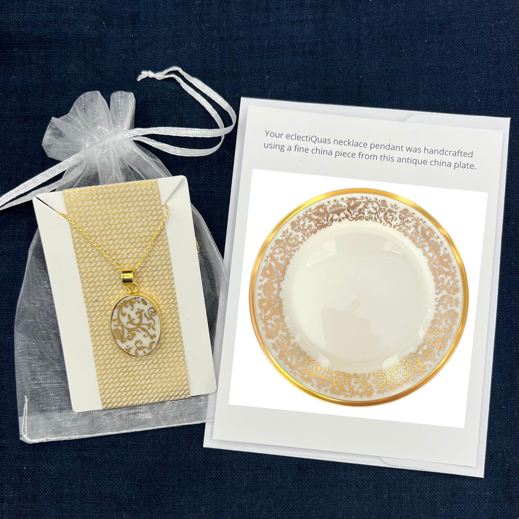 Vintage Lenox China Jewelry handmade with Gold Sterling Silver, Ornate Gold Floral Aesthetic Heirloom China Necklace, 20th Anniversary Gift