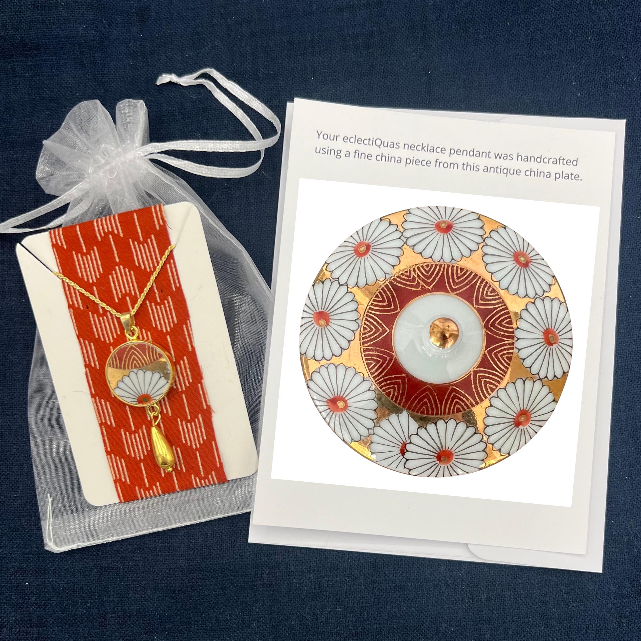 Long Artisan Imari Porcelain Necklace handcrafted from a Japanese Arita Yaki Yunomi, Gold Fall Floral China Jewelry Gift for Autumn Birthday