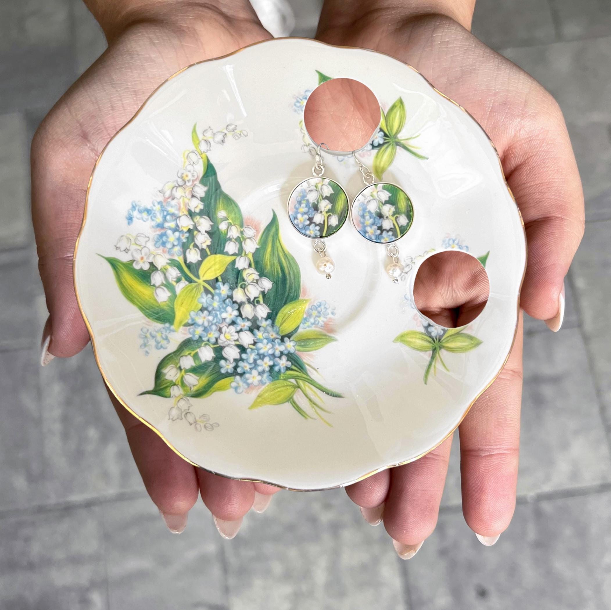 Royal Albert Broken China Jewelry Earrings handmade with Forget Me Not and Lily of the Valley China