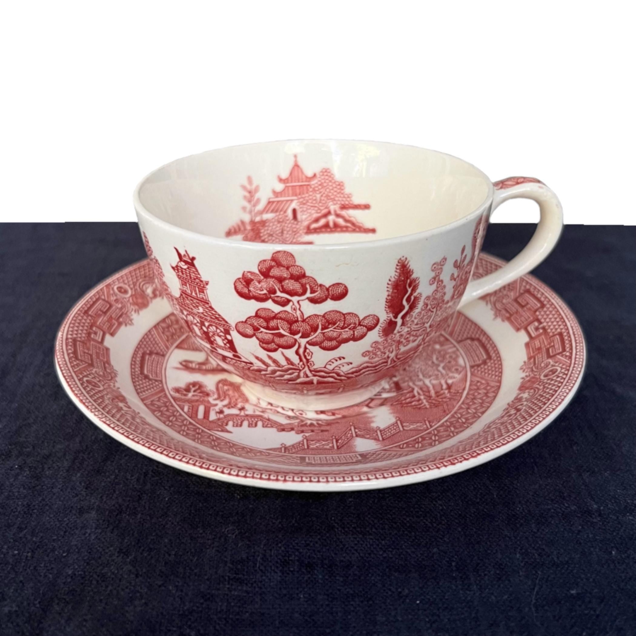 Red Willow Fine Tea Cup and Saucer Set & Matching Handmade Broken China Jewelry, Vintage Red Chinoiserie China Gift Ideas for Her Christmas