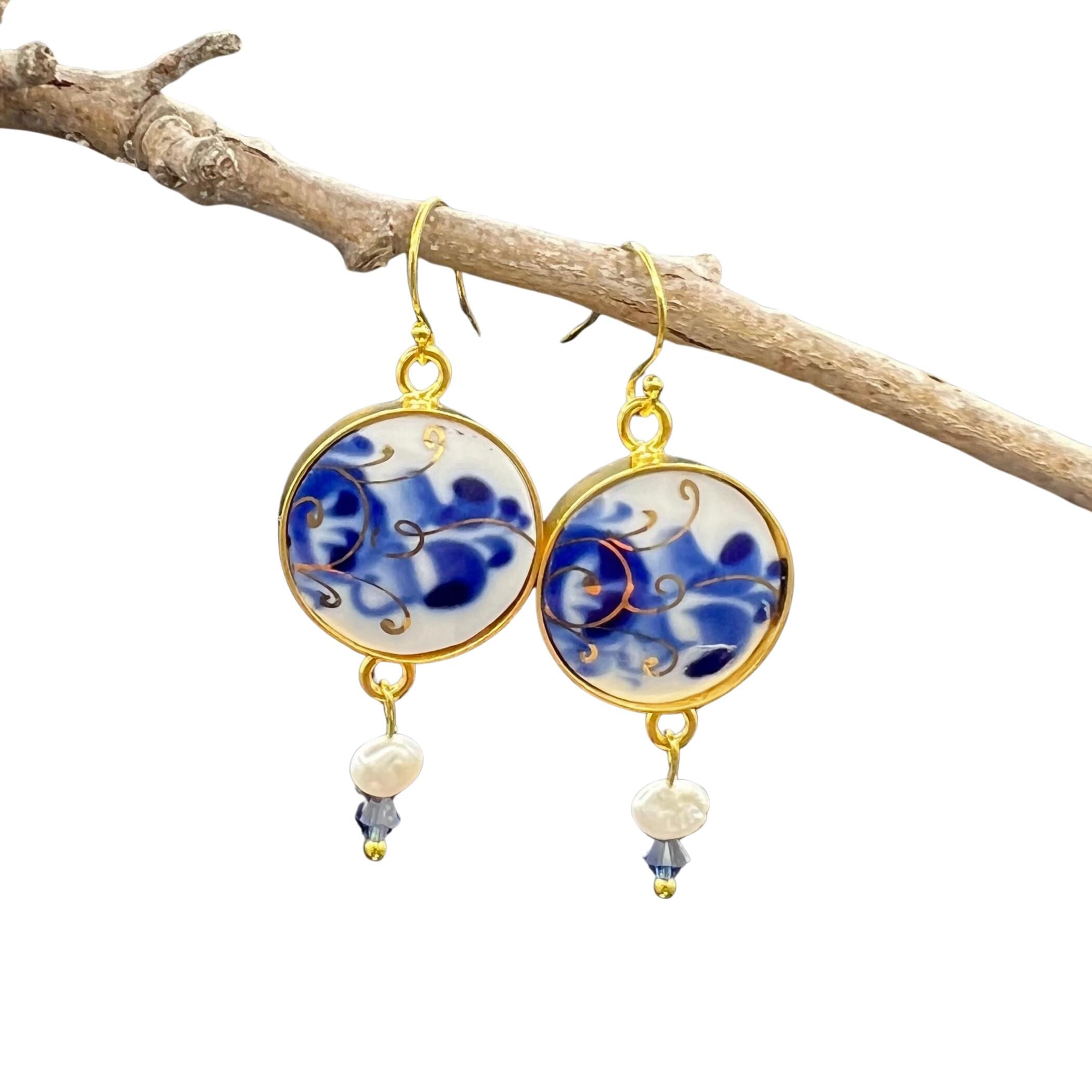 RARE Antique Flow Blue and White China Earrings with Decorative Gold Design, Unique One of a Kind Broken China Jewelry Gift for Christmas