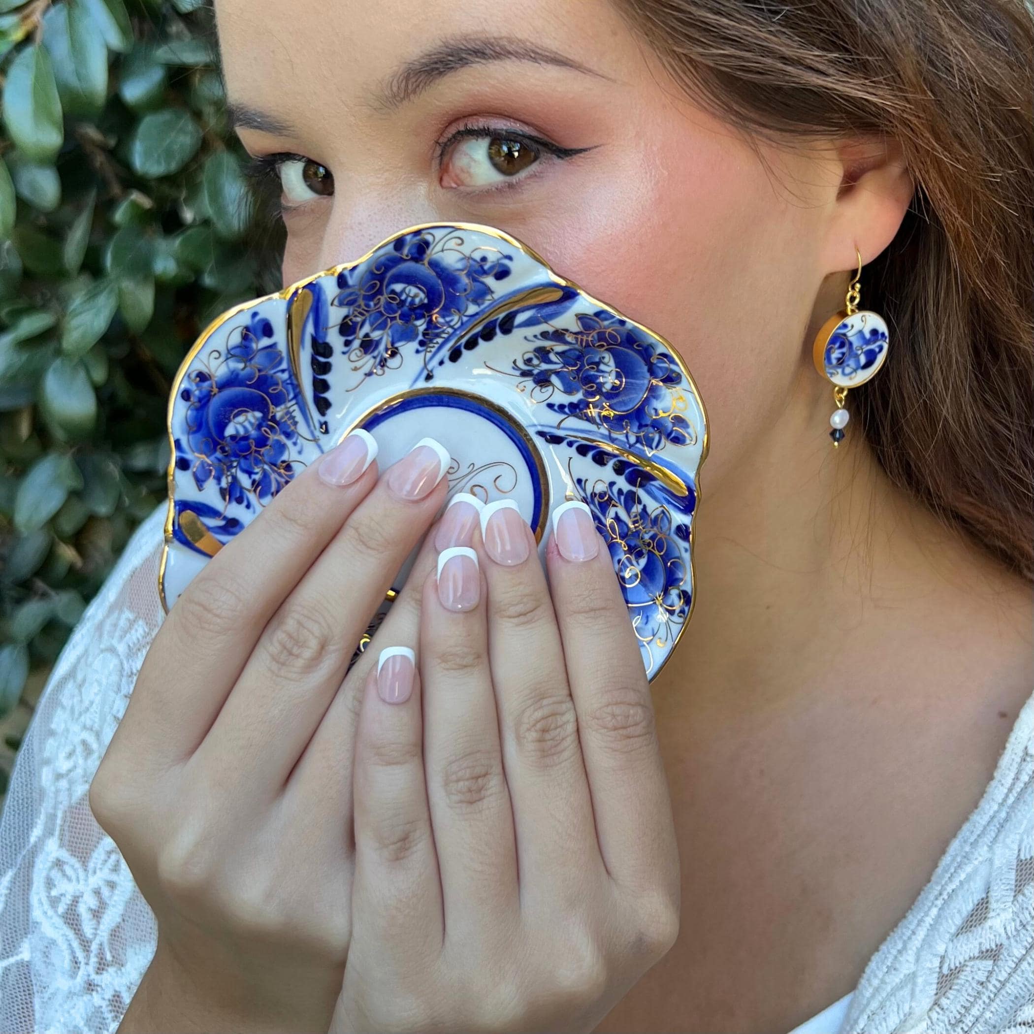 RARE Antique Flow Blue and White China Earrings with Decorative Gold Design, Unique One of a Kind Broken China Jewelry Gift for Christmas