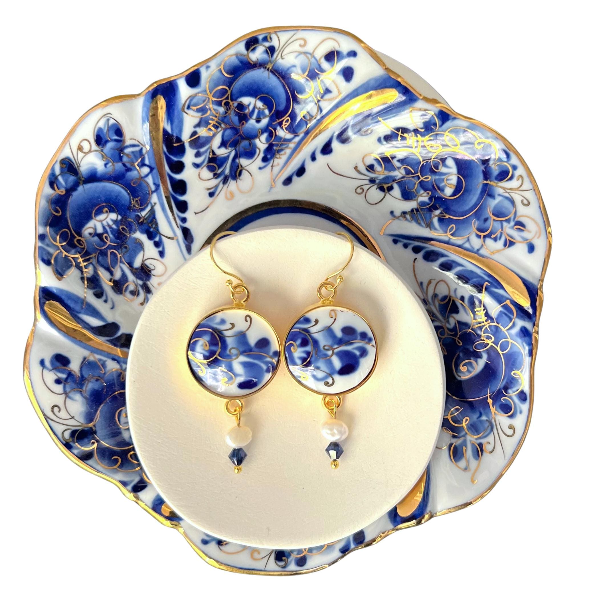 RARE Antique Flow Blue and White China Earrings with Decorative Gold Design, Unique One of a Kind Broken China Jewelry Gift for Christmas