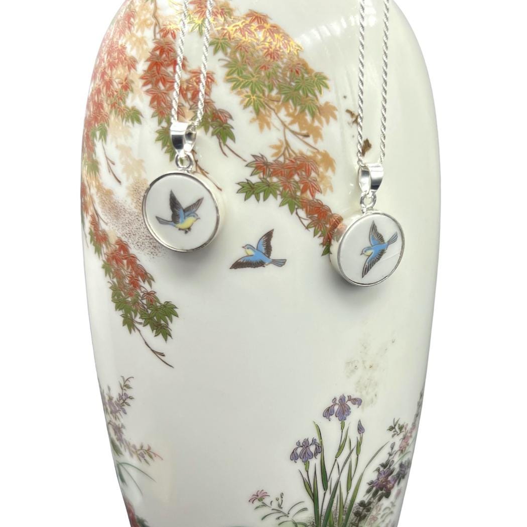 Blue Bird Necklaces made from an Upcycled Japanese Imari Porcelain Vase