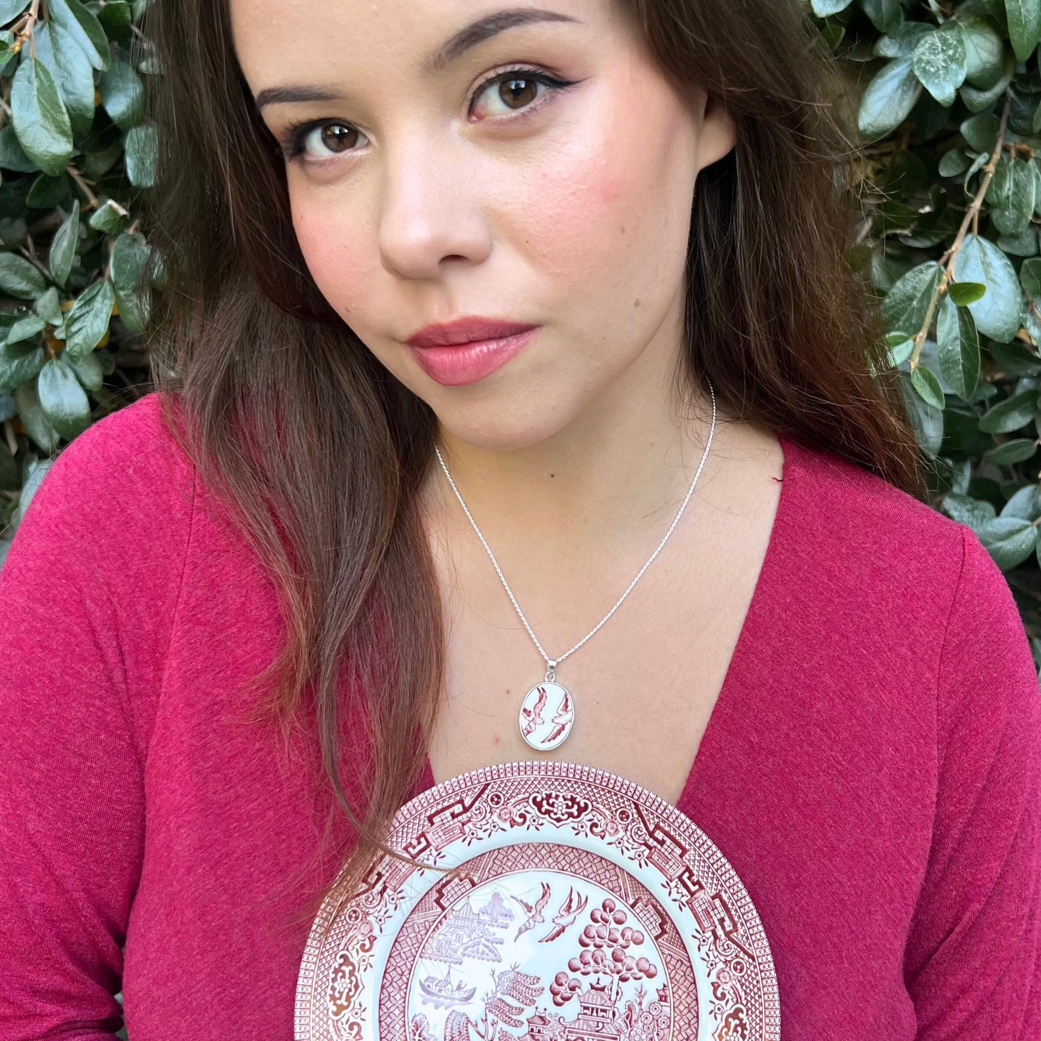 Romantic Valentines Day Love Birds Necklace upcycled with Red Willow China & Sterling Silver, Thoughtful Vintage China Jewelry Gift for Her