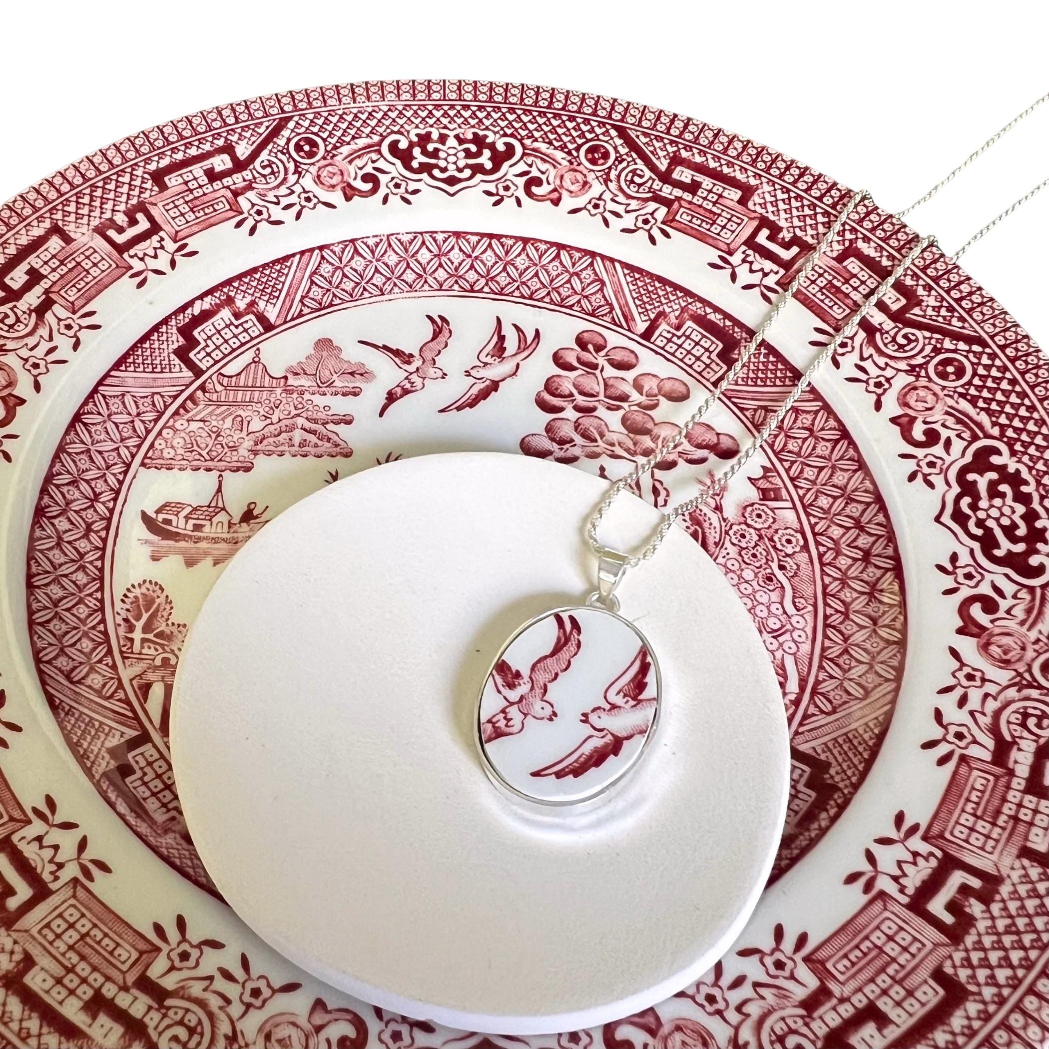 Romantic Valentines Day Love Birds Necklace upcycled with Red Willow China & Sterling Silver, Thoughtful Vintage China Jewelry Gift for Her
