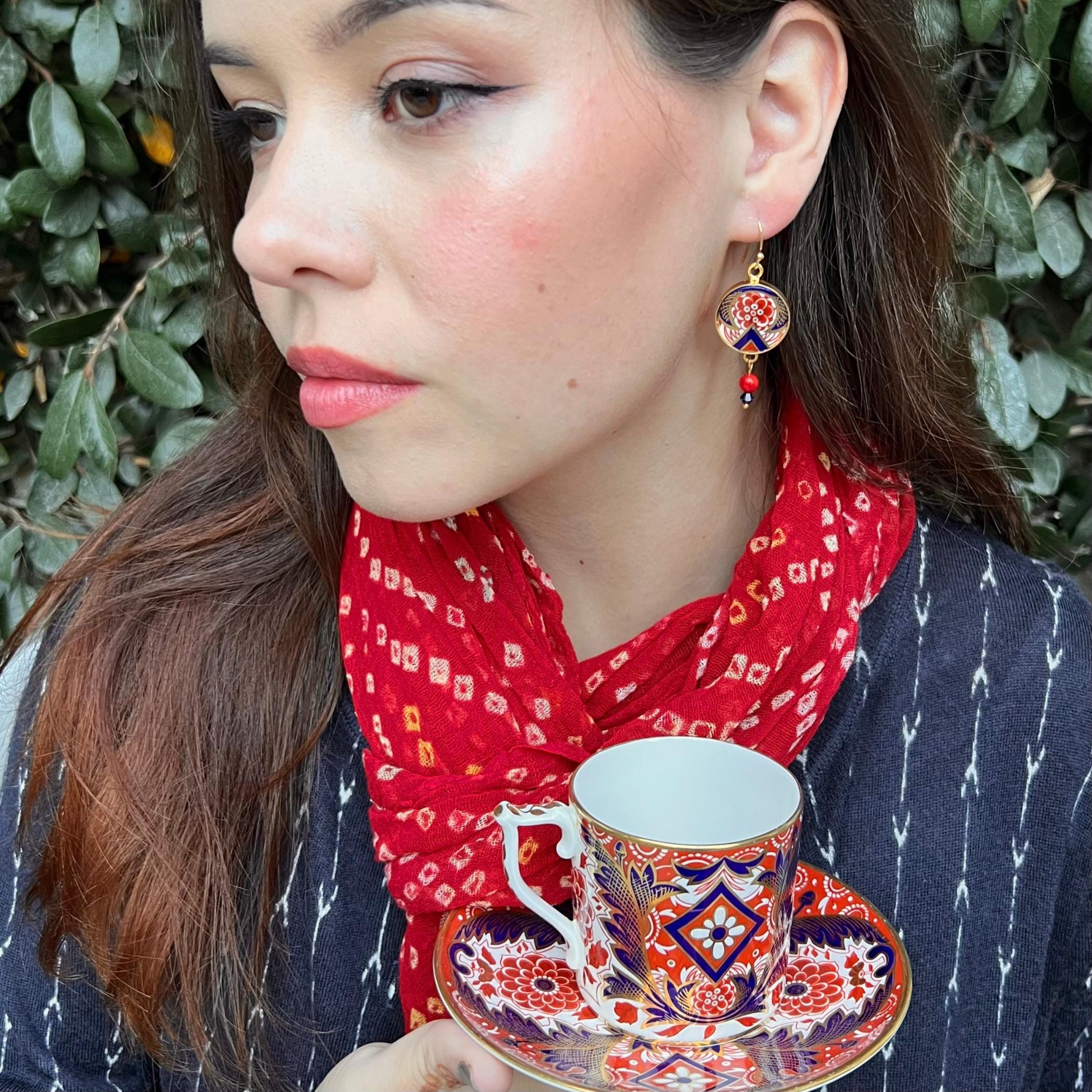 Unique Red Floral China Earrings handmade with Antique Royal Crown Derby Imari Porcelain, Eclectic Indie Jewelry Gift for Her Christmas