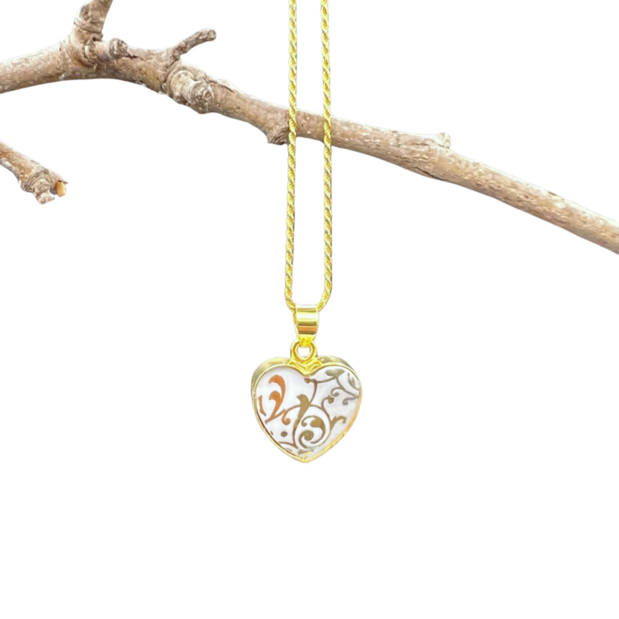Romantic Gold Heart Porcelain Necklace, Thoughtful 18th Anniversary Gift for Wife, Dainty Broken China Jewelry with Royal Albert China