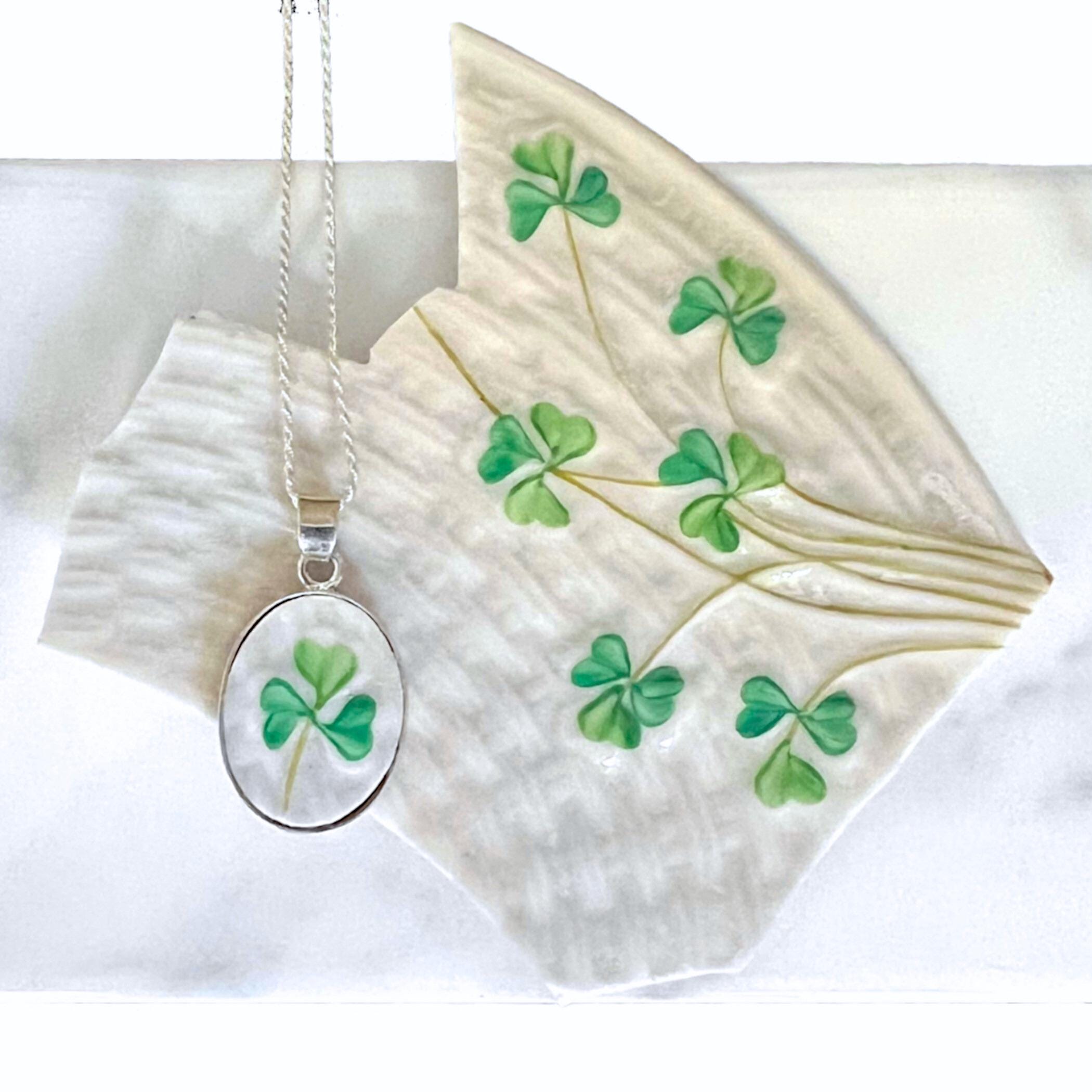 Vintage Beleek Shamrock China Necklace handmade with Three Leaf Clover China, Broken China Jewelry Gift for Irish Christmas & Good Luck