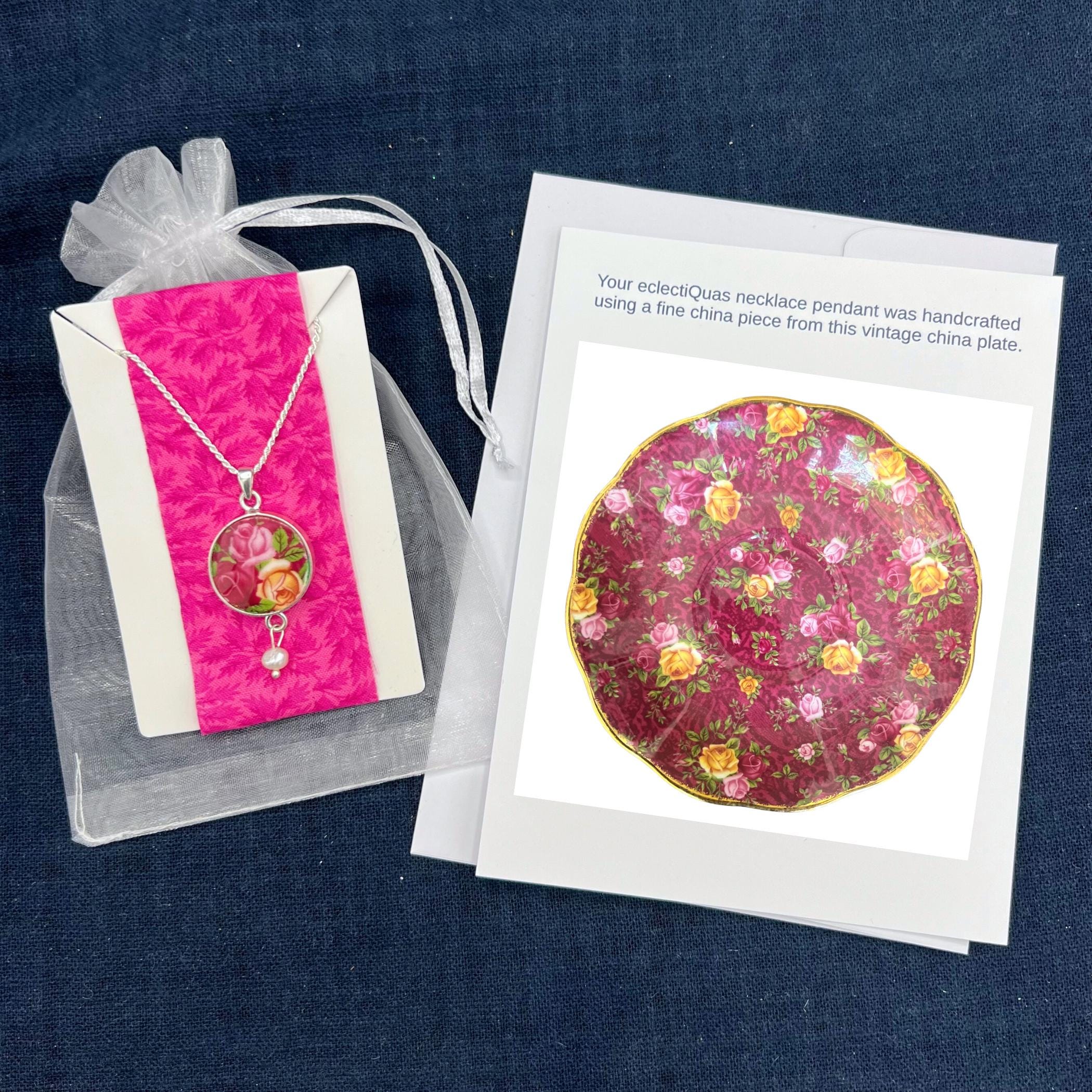 Royal Albert Old Country Roses Ruby Lace China Necklaces with Sterling Silver, Romantic OCR Broken China Jewelry Birthday Gift for Wife Mom