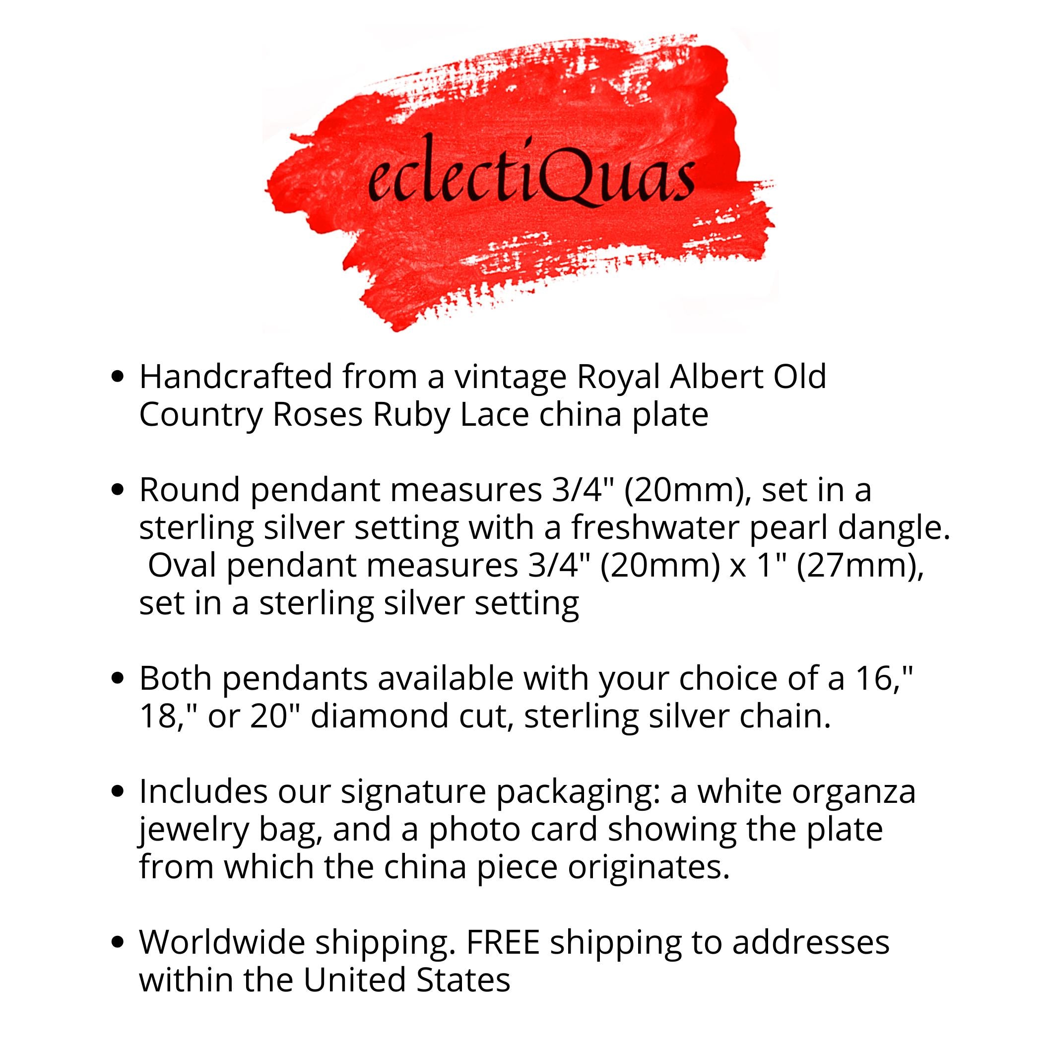 Royal Albert Old Country Roses Ruby Lace China Necklaces with Sterling Silver, Romantic OCR Broken China Jewelry Birthday Gift for Wife Mom