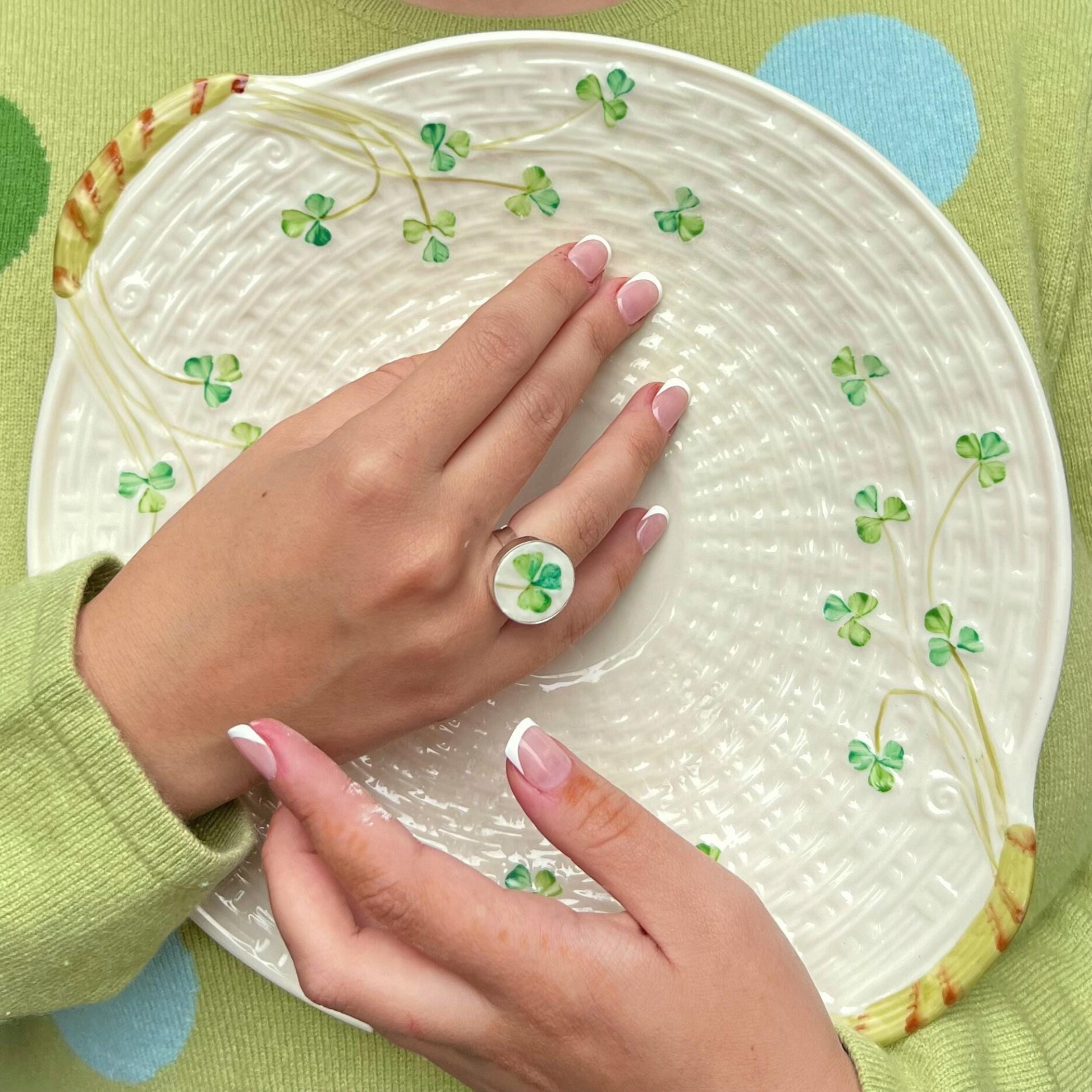 Irish Pottery Four Leaf Clover Ring handmade with Vintage Beleek China, Shamrock Broken China Jewelry Gift for Women for Irish Christmas