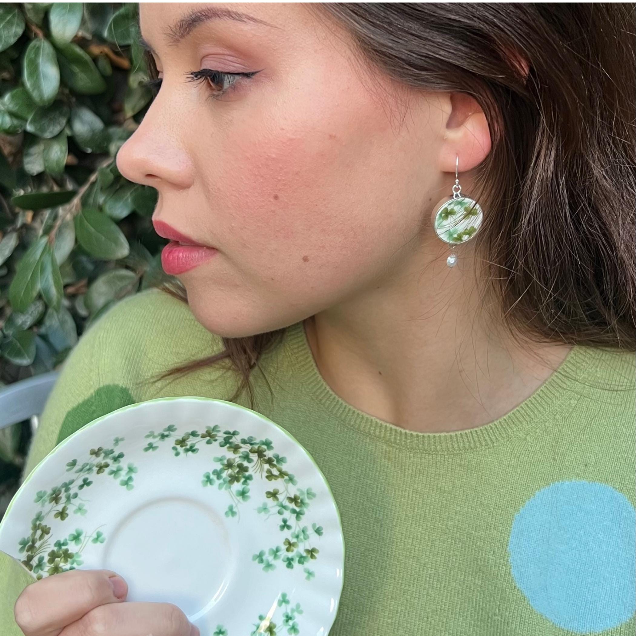 Vintage Royal Albert China Shamrock Earrings handmade with Broken China & Sterling Silver, Four Leaf Clover Gift of Irish Jewelry for Women