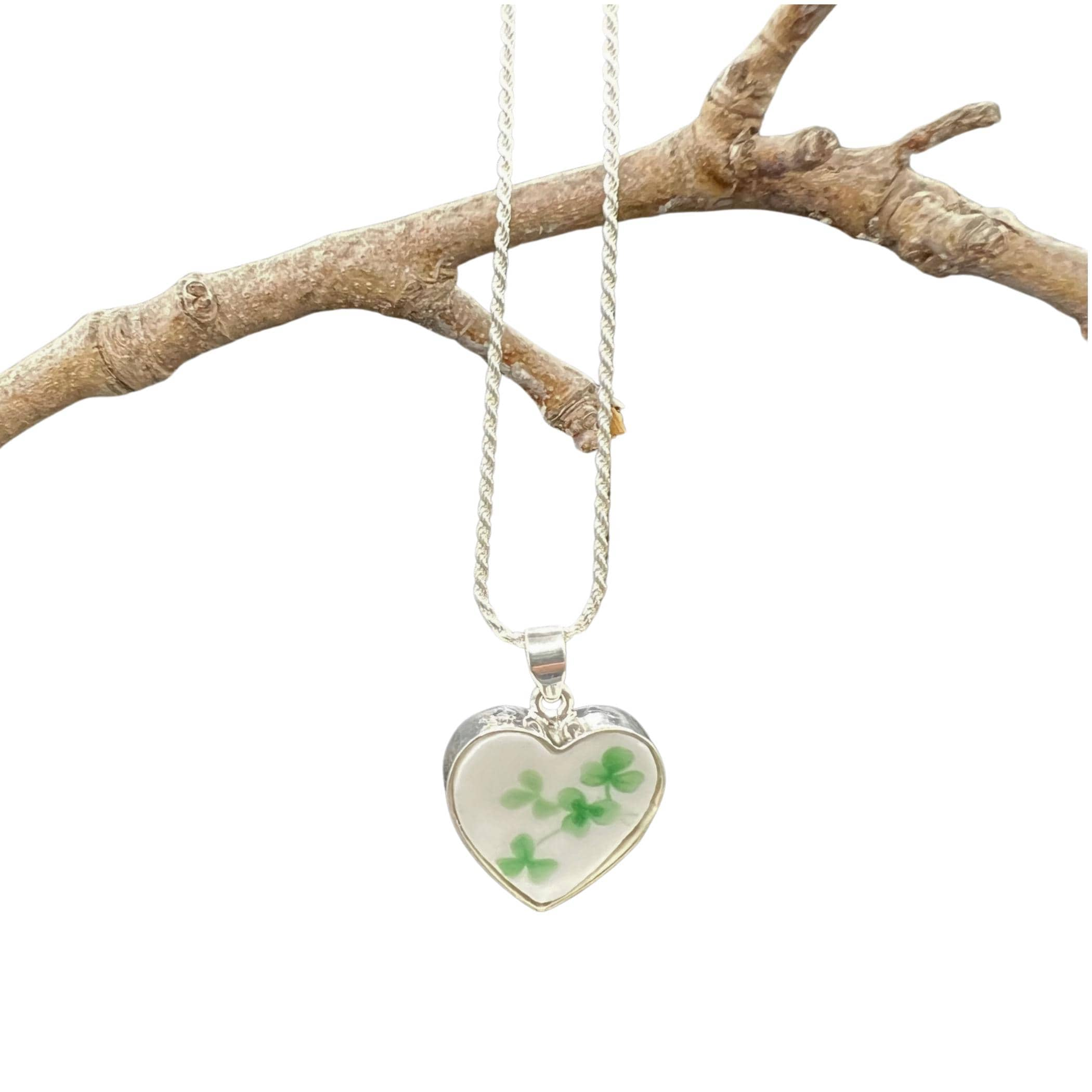 Dainty Shamrock China Heart Necklace handmade with Vintage Royal Albert China, Broken China Irish Jewelry Gift for Women for Valentines Day