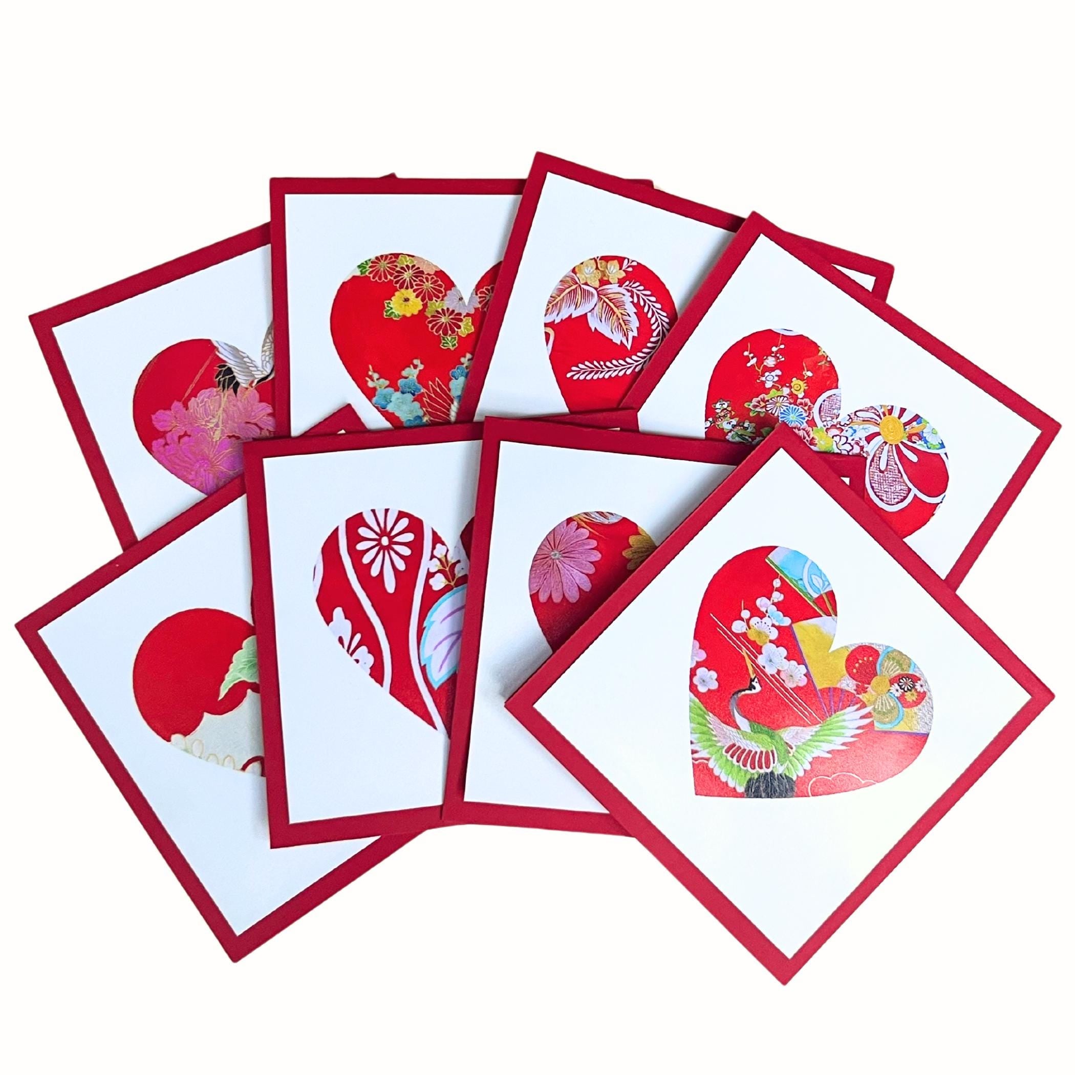 Unique Valentines Heart Notecard Set with Red Vintage Japanese Silk Kimono Fabric Cards, Boxed Photo Art Greeting Cards, Romantic Love Notes