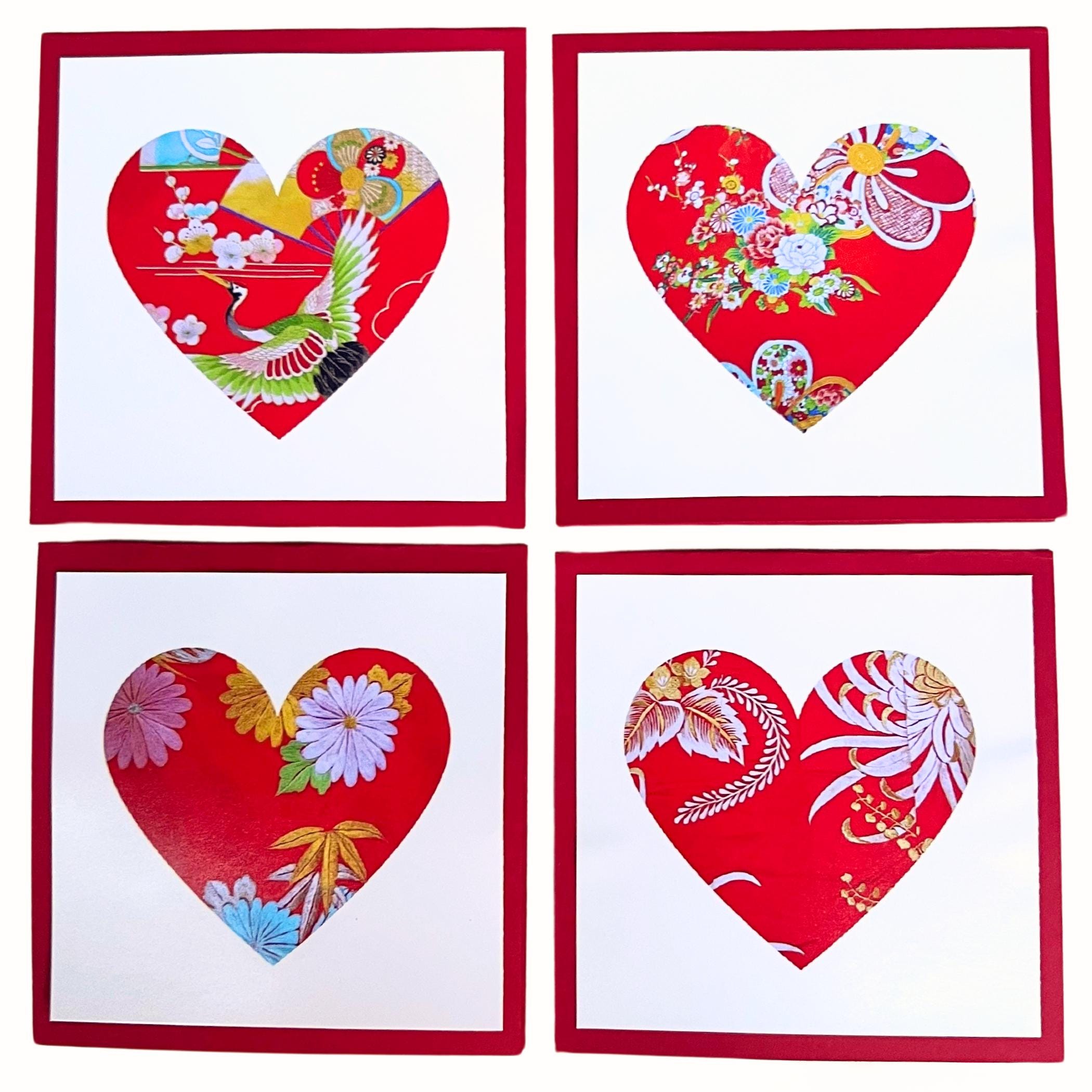 Unique Valentines Heart Notecard Set with Red Vintage Japanese Silk Kimono Fabric Cards, Boxed Photo Art Greeting Cards, Romantic Love Notes