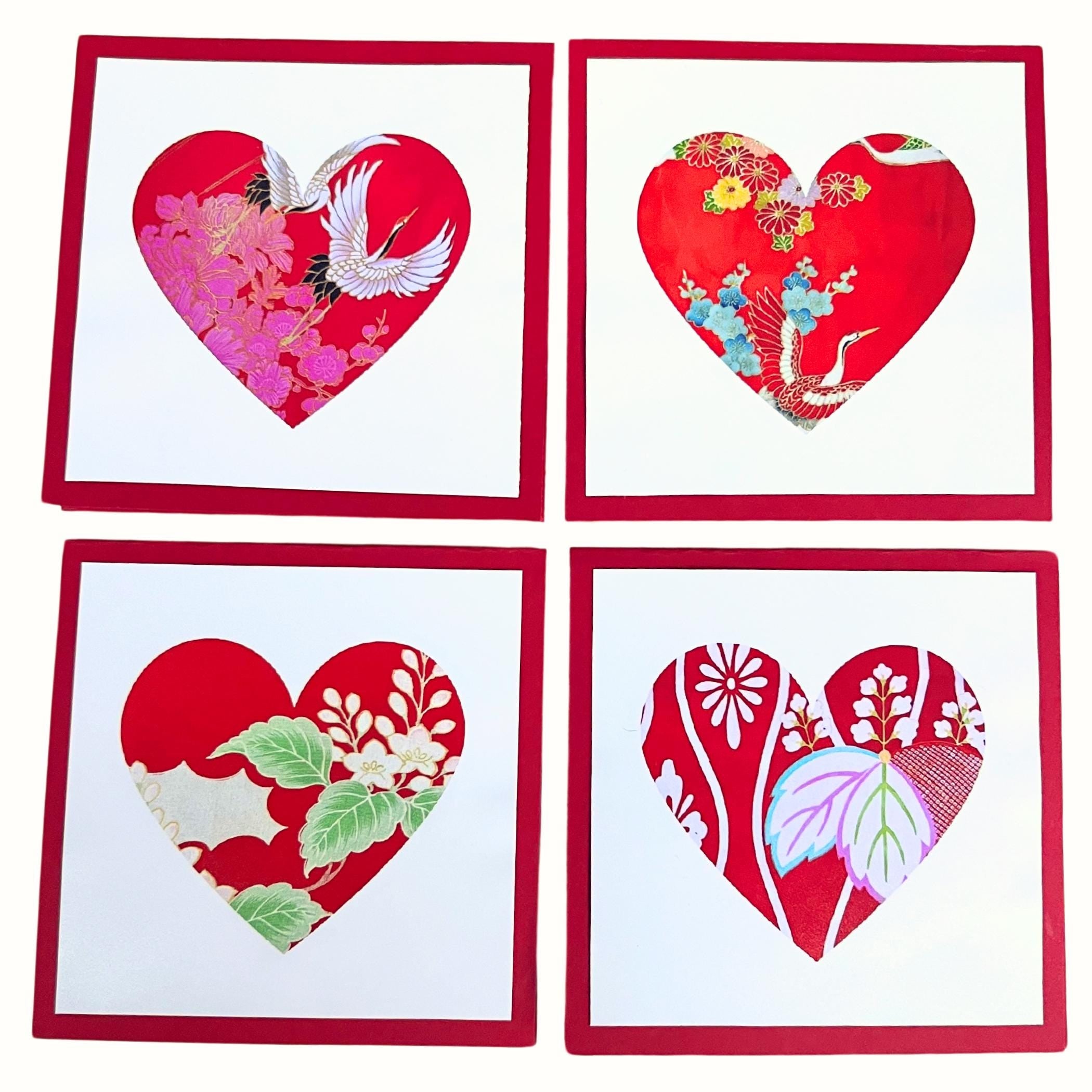 Unique Valentines Heart Notecard Set with Red Vintage Japanese Silk Kimono Fabric Cards, Boxed Photo Art Greeting Cards, Romantic Love Notes