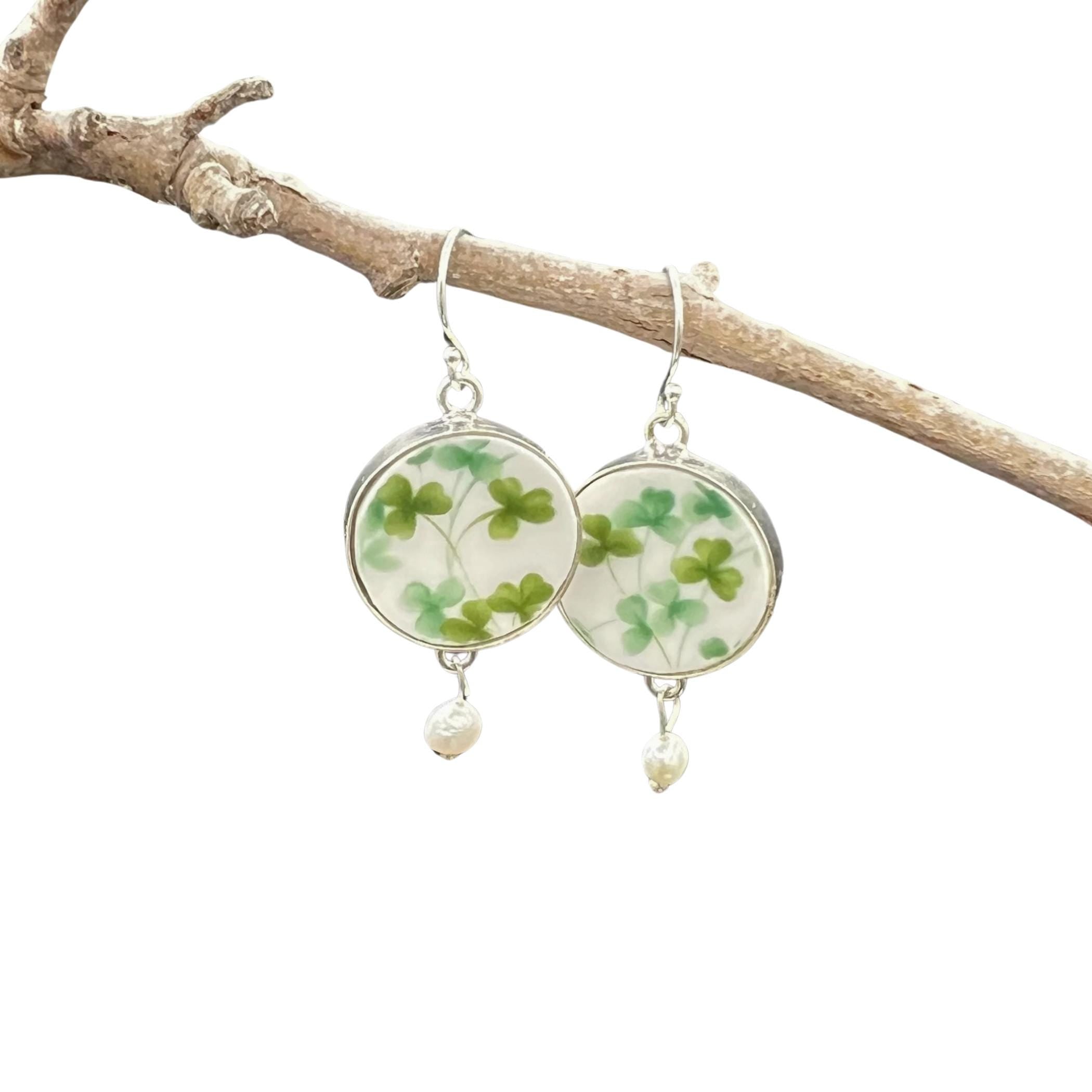 Vintage Royal Albert China Shamrock Earrings handmade with Broken China & Sterling Silver, Four Leaf Clover Gift of Irish Jewelry for Women